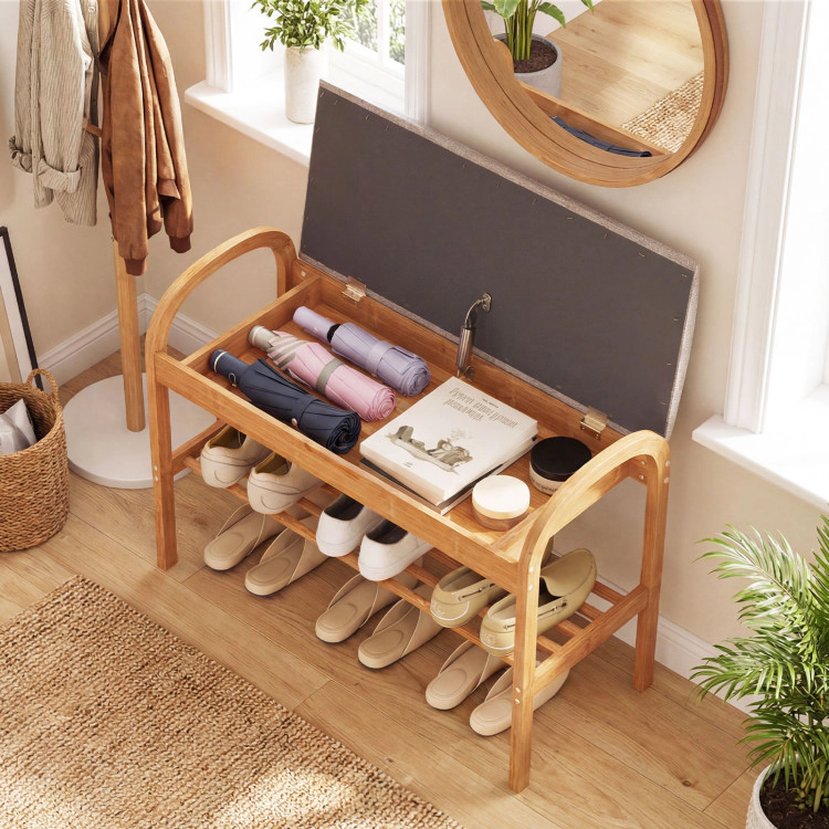 Hivvago 2-Tier Bamboo Shoe Bench with Storage and Padded Cushion