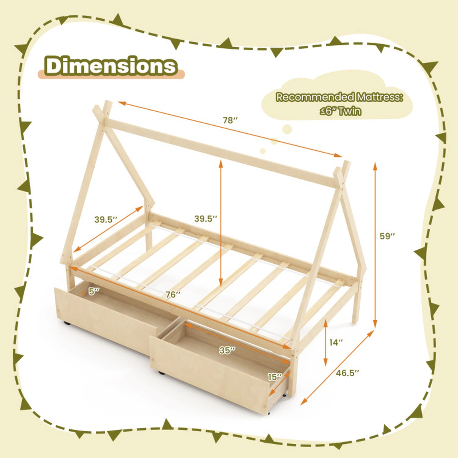 SUGIFT House-Shaped Twin Platform Bed Frame 200-lb Capacity Natural with 2 Drawers