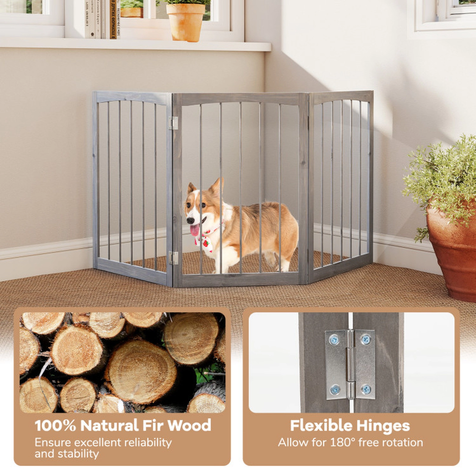 SUGIFT 30-in Tall Wooden Freestanding Pet Fence Dog Gate with 3 Rotating Panels for Cats and Small Dogs