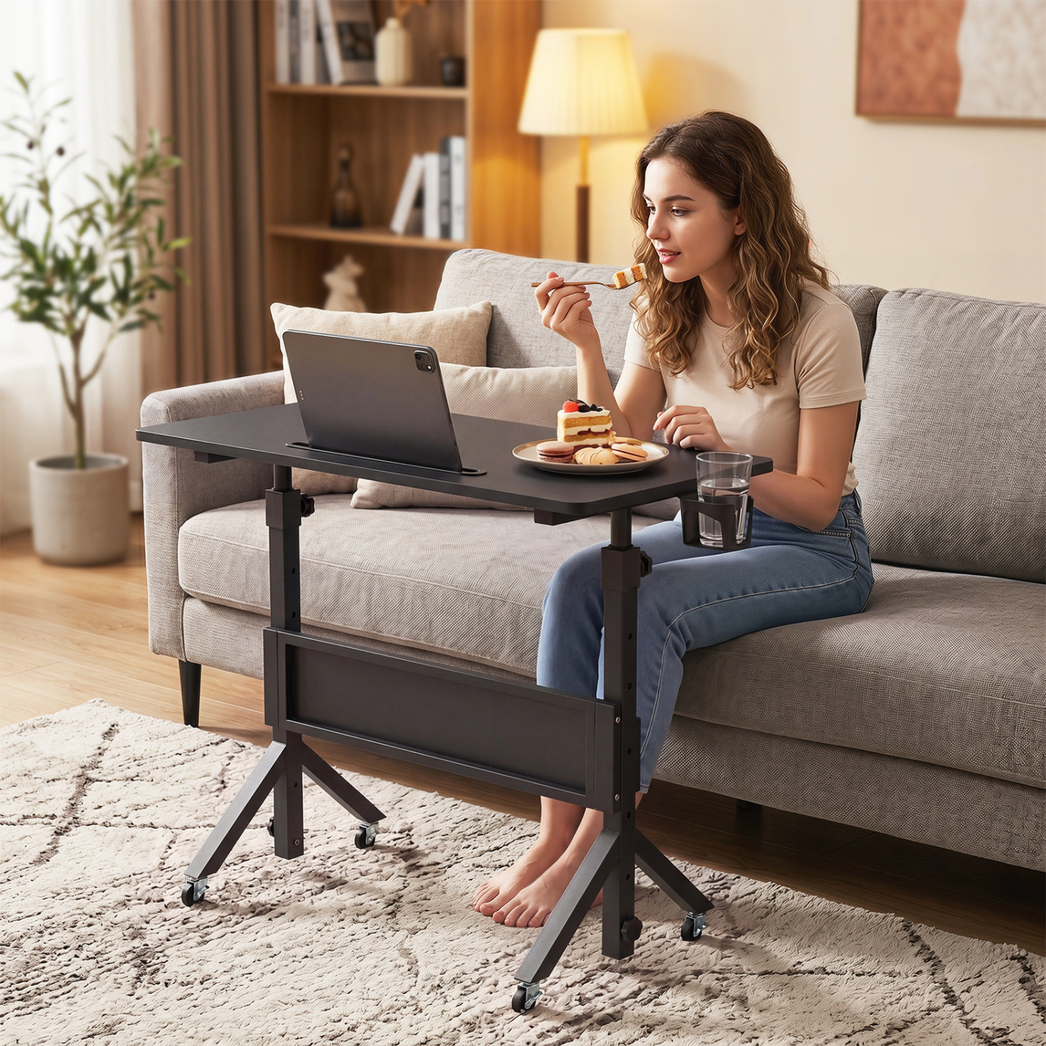 LJG Mobile Standing Desk Height Adjustable Rolling Laptop with Cup Holder Storage Basket