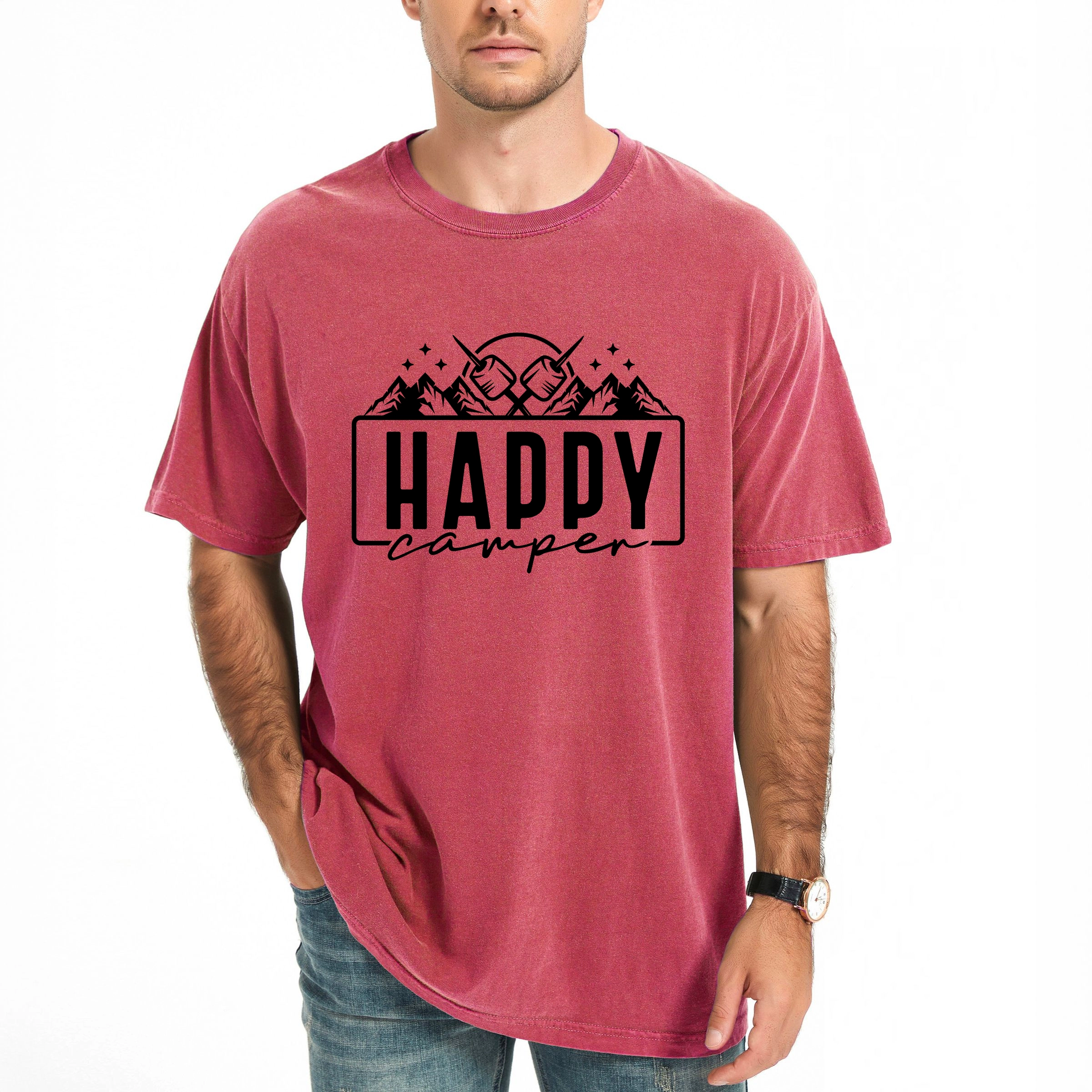 Simply Sage Market - Happy Camper Mountains and Smores Men's Garment Dyed Graphic T-Shirt