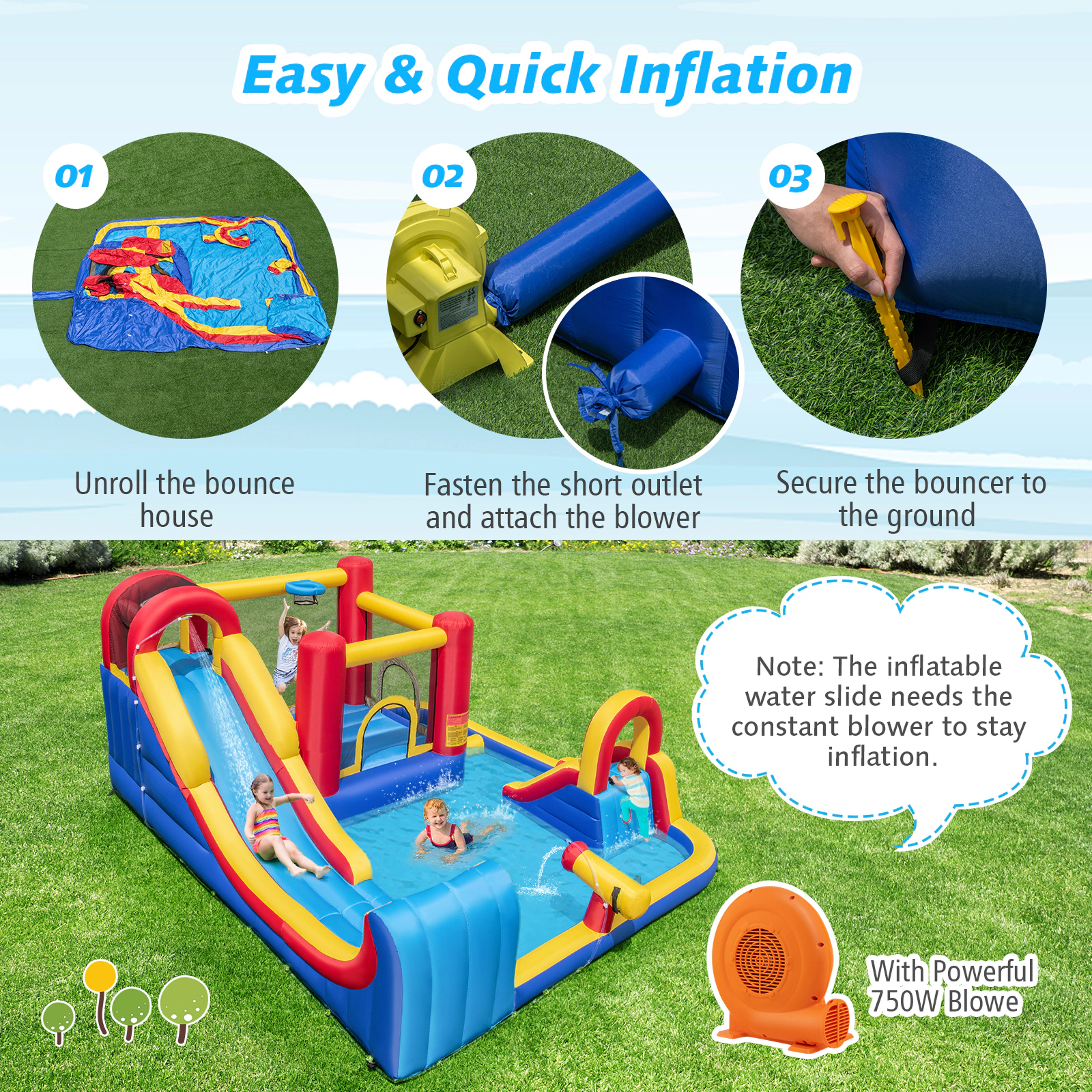 SUGIFT Kids Multicolor 7-in-1 Water Slide Bounce House with Splash Pool 177-in W 87-in H 200-lb Total Capacity