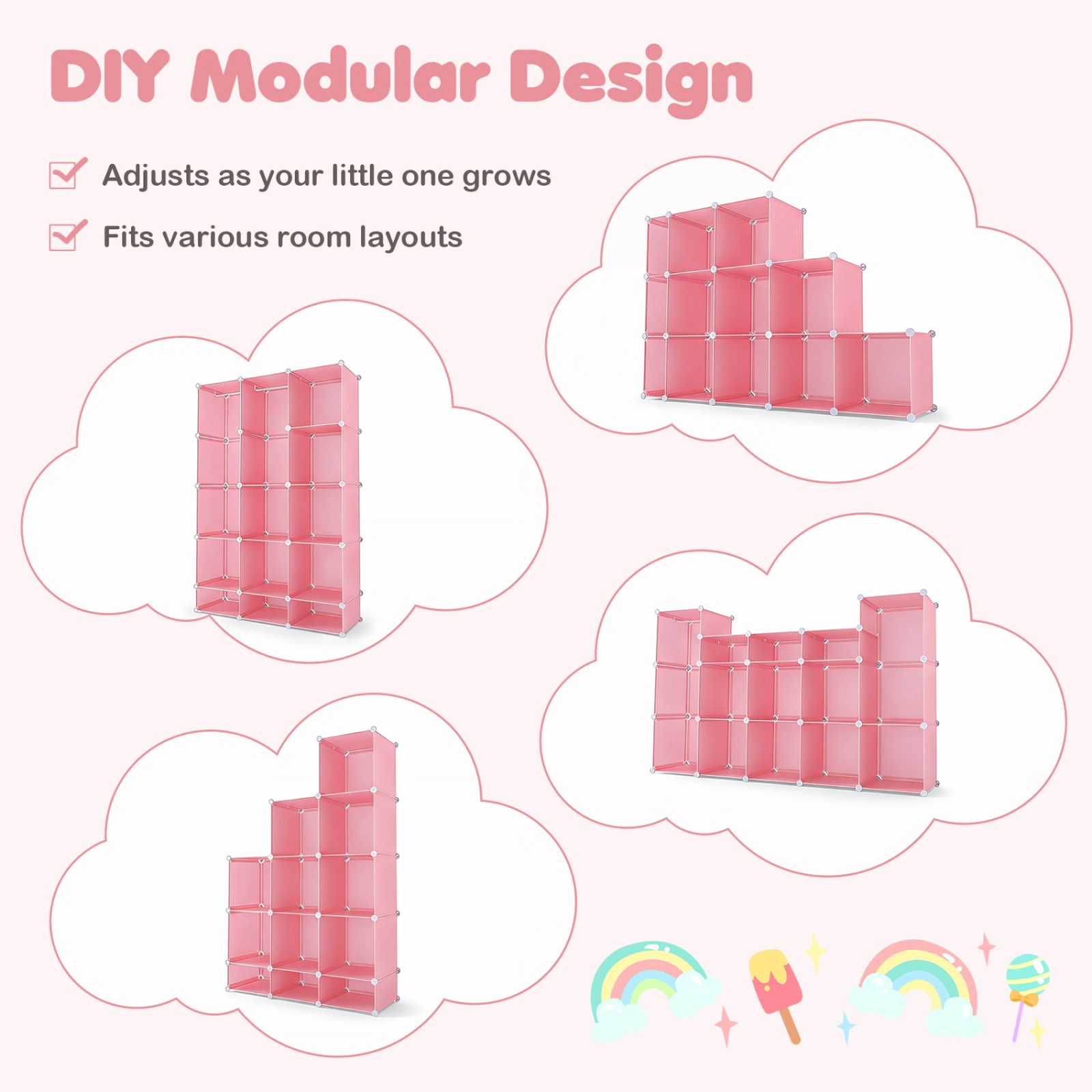 SUGIFT Kids 13-Cube Stackable Hanging Rods Modular Wardrobe Closet 43-in x 14-in x 63-in 6.5-lb per Cube Pink