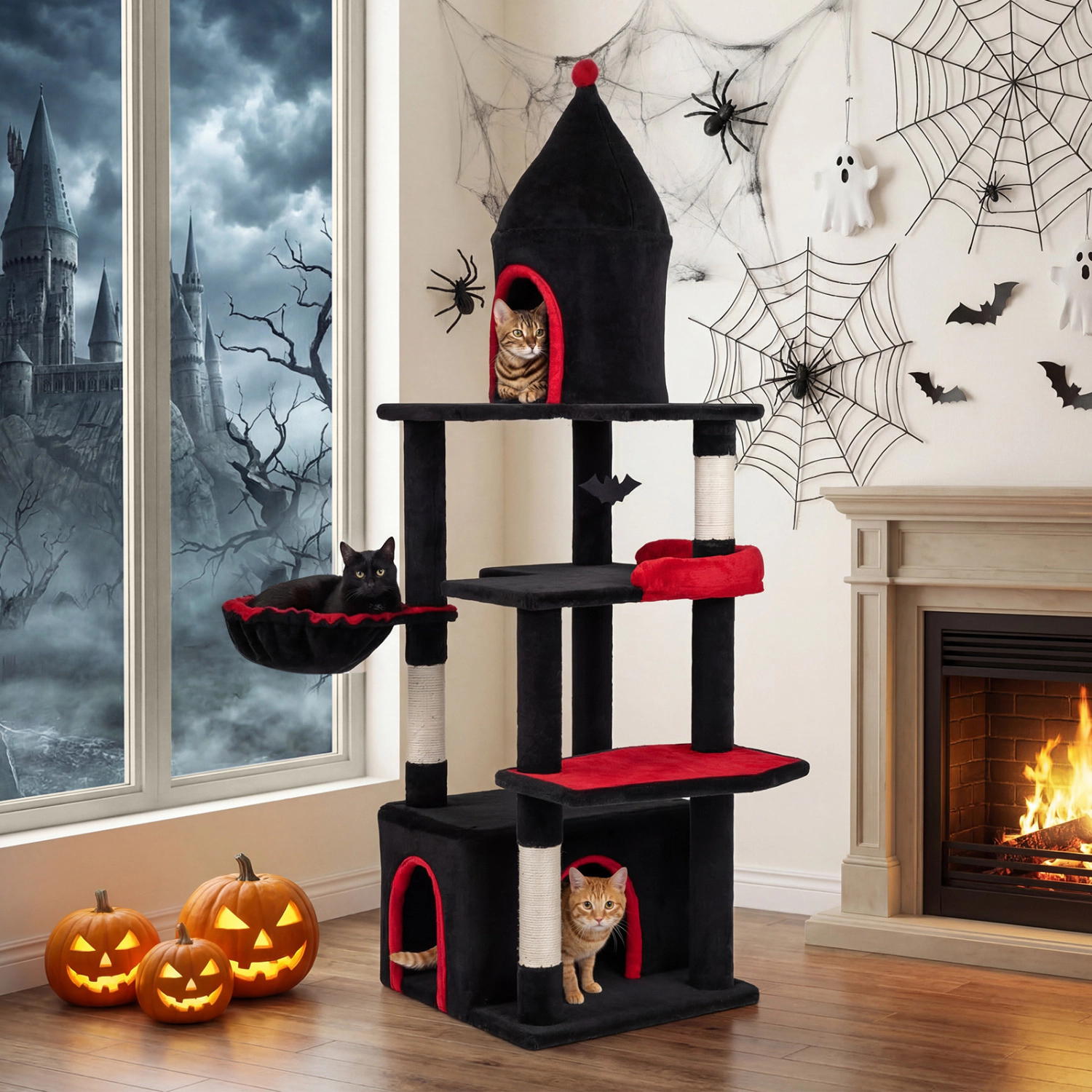 LJG 63 Inch Gothic Cat Tree with Condo and Top Cave for Large Cats 20+ LBS