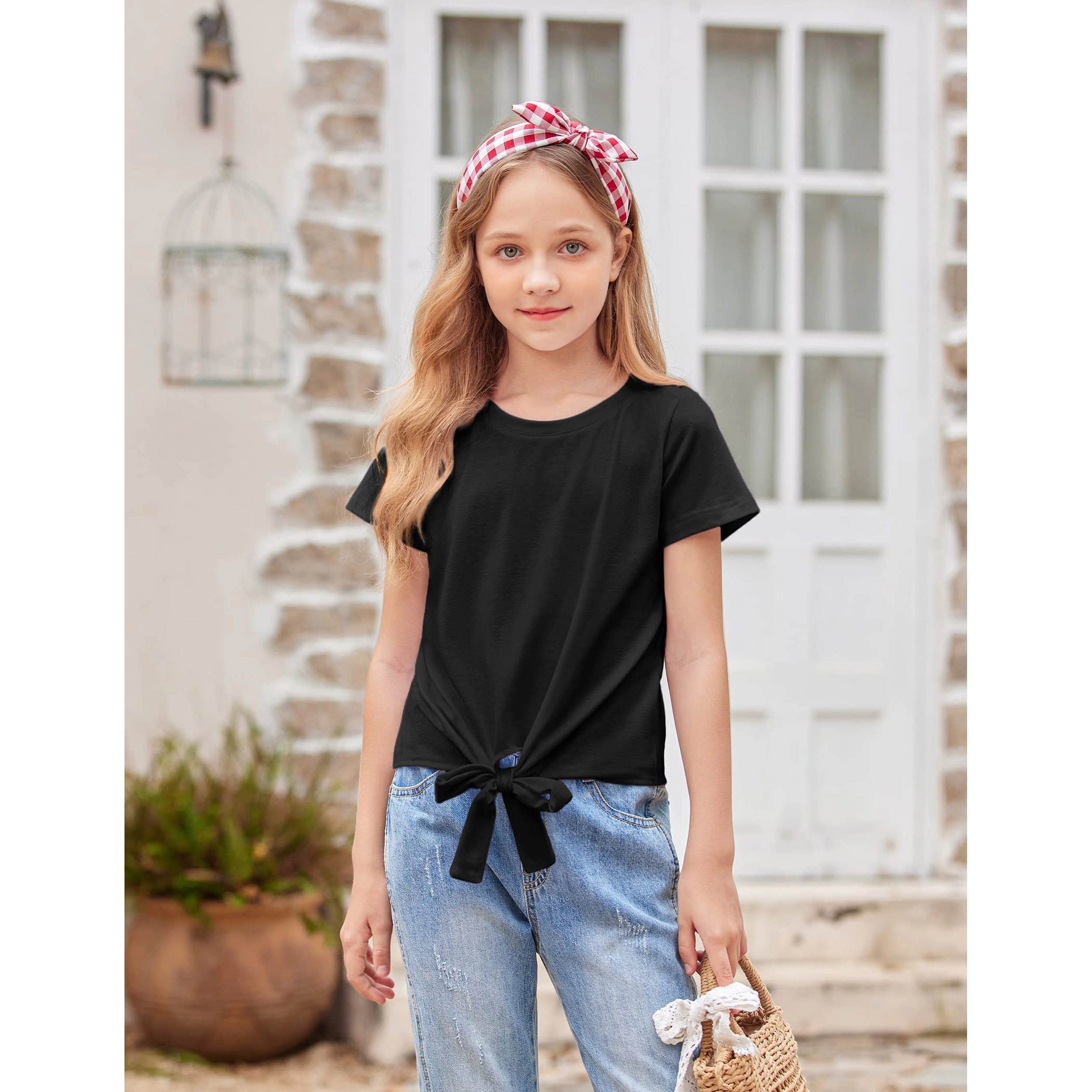 Arshiner Girls Casual Short Sleeve Blouse Tops Kids Tie Knot Crew Neck Shirts