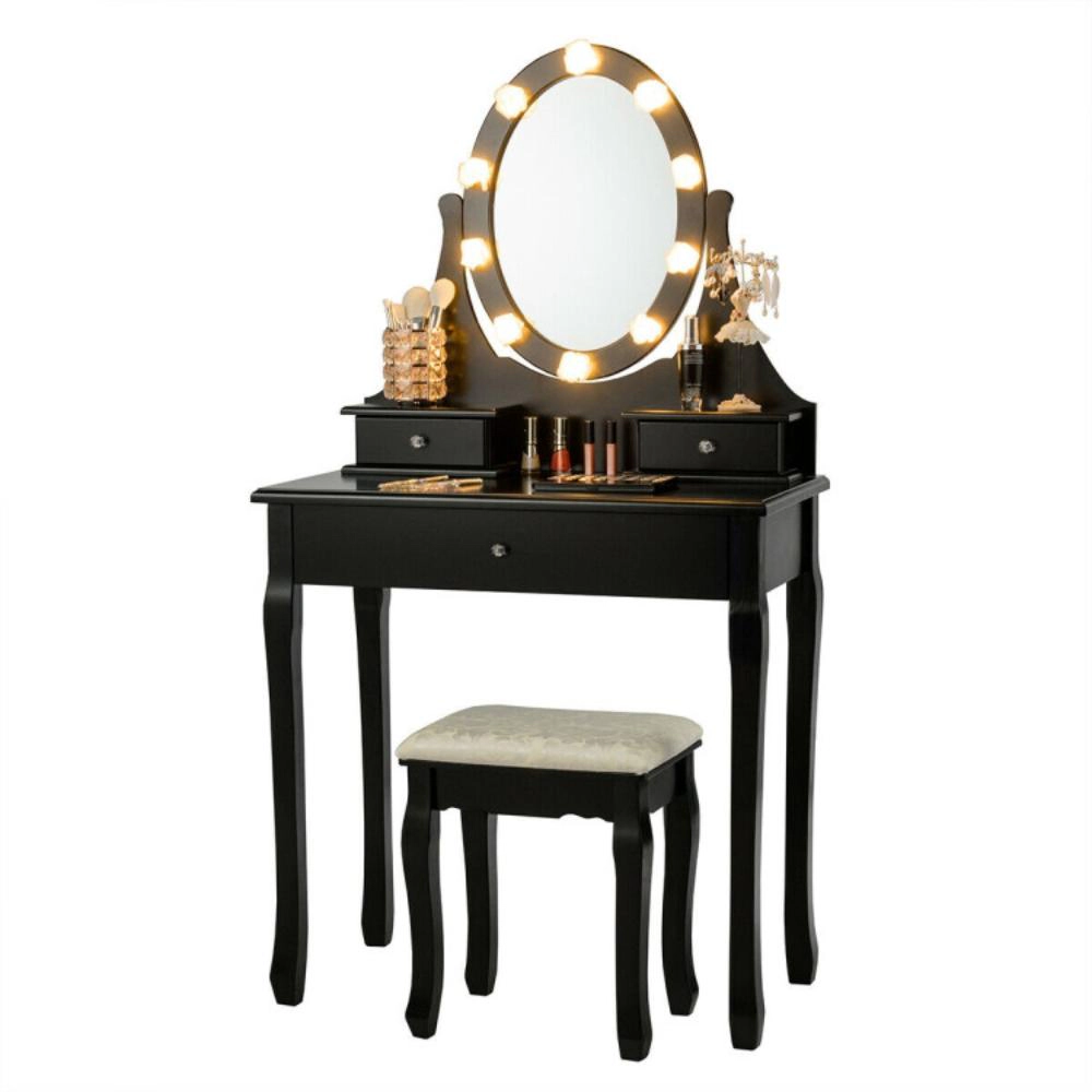 Hivvago 3 Drawers Lighted Mirror Vanity Dressing Table Stool Set-Black