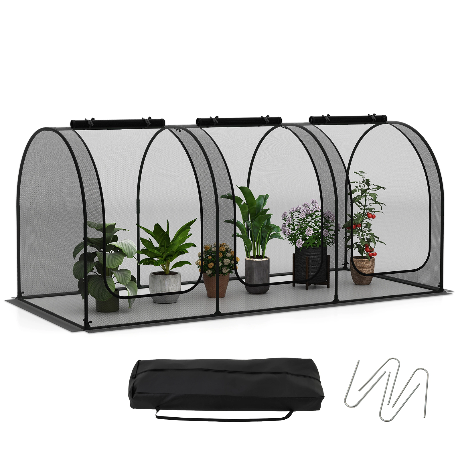 SUGIFT Tunnel Crop Cage Portable Plant Protection Tent Tunnel with 3 Roll-up Zippered Doors Green