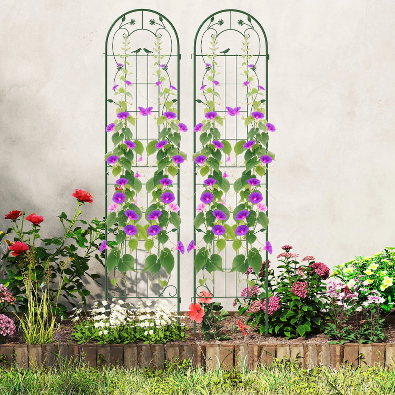 SUGIFT 2-Pack Galvanized Steel Garden Trellis for Climbing Plants 86.5 x 20 in Panels with Ground Stakes Green