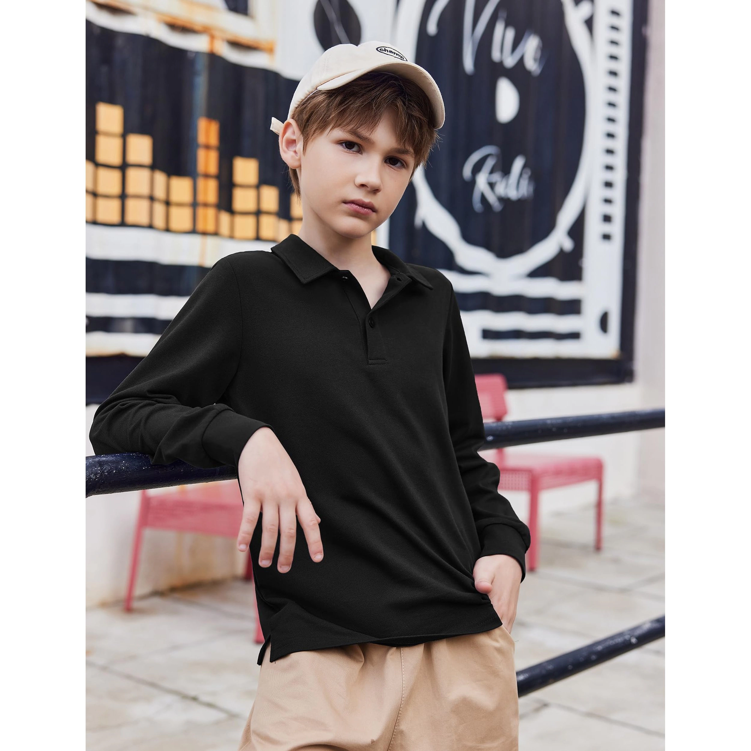 Arshiner Boys Long Sleeve Polo Shirt Performance School Uniform Pique Button Closure