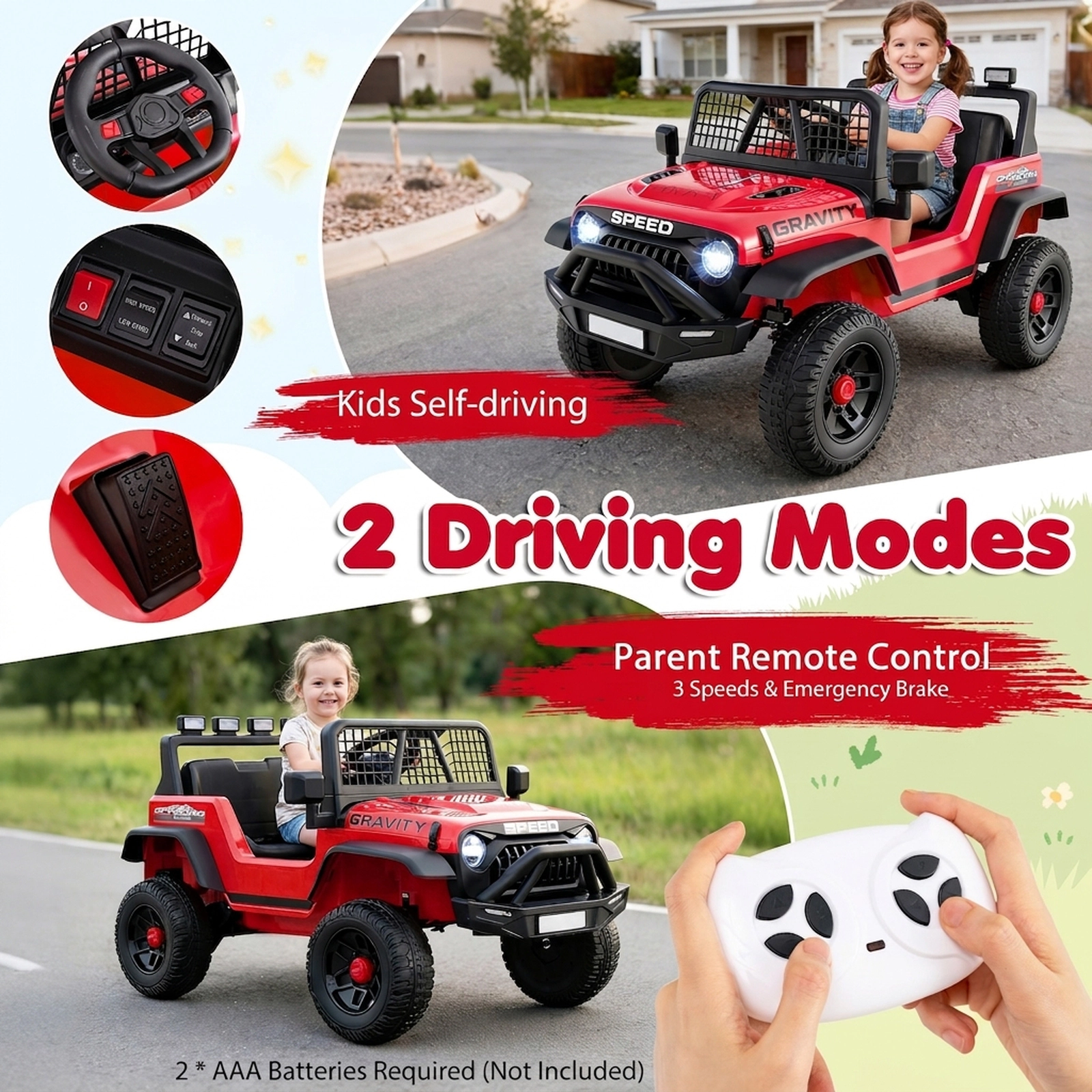 24V Kids Ride On Car Parent Remote 3 Speeds Emergency Brake LED Headlights Music Player Ages 3+ Red Electric Car Kids