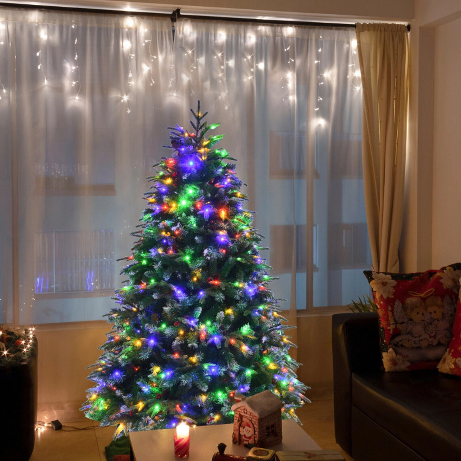 SUGIFT 5 ft Pre-Lit Snowy Christmas Tree Hinged with Multi-Color Lights and Flash Modes