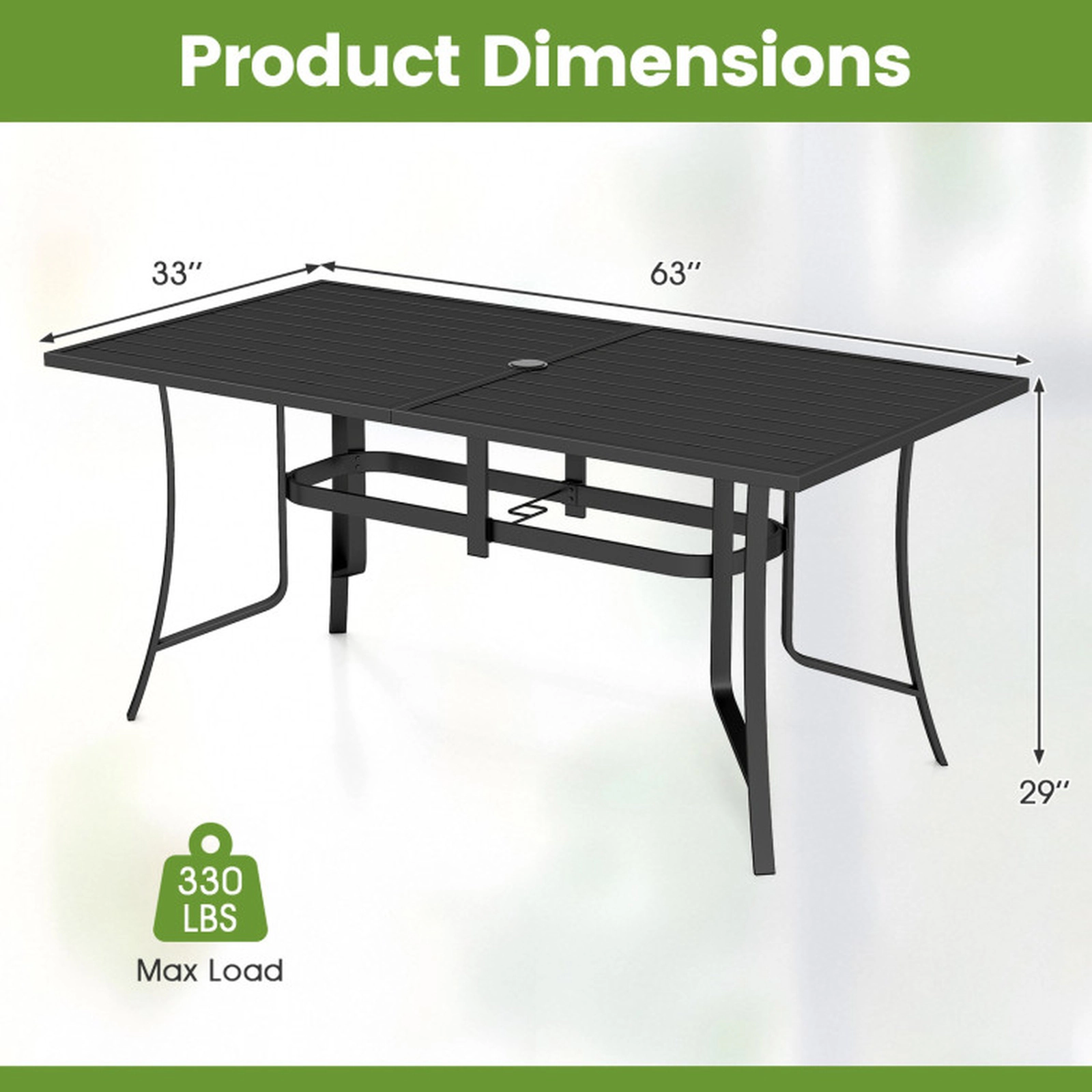 SUGIFT 6-Person Metal Slat Top Umbrella Hole Rectangle Patio Dining Table 63-in x 33-in x 29-in 330-lb Capacity Black