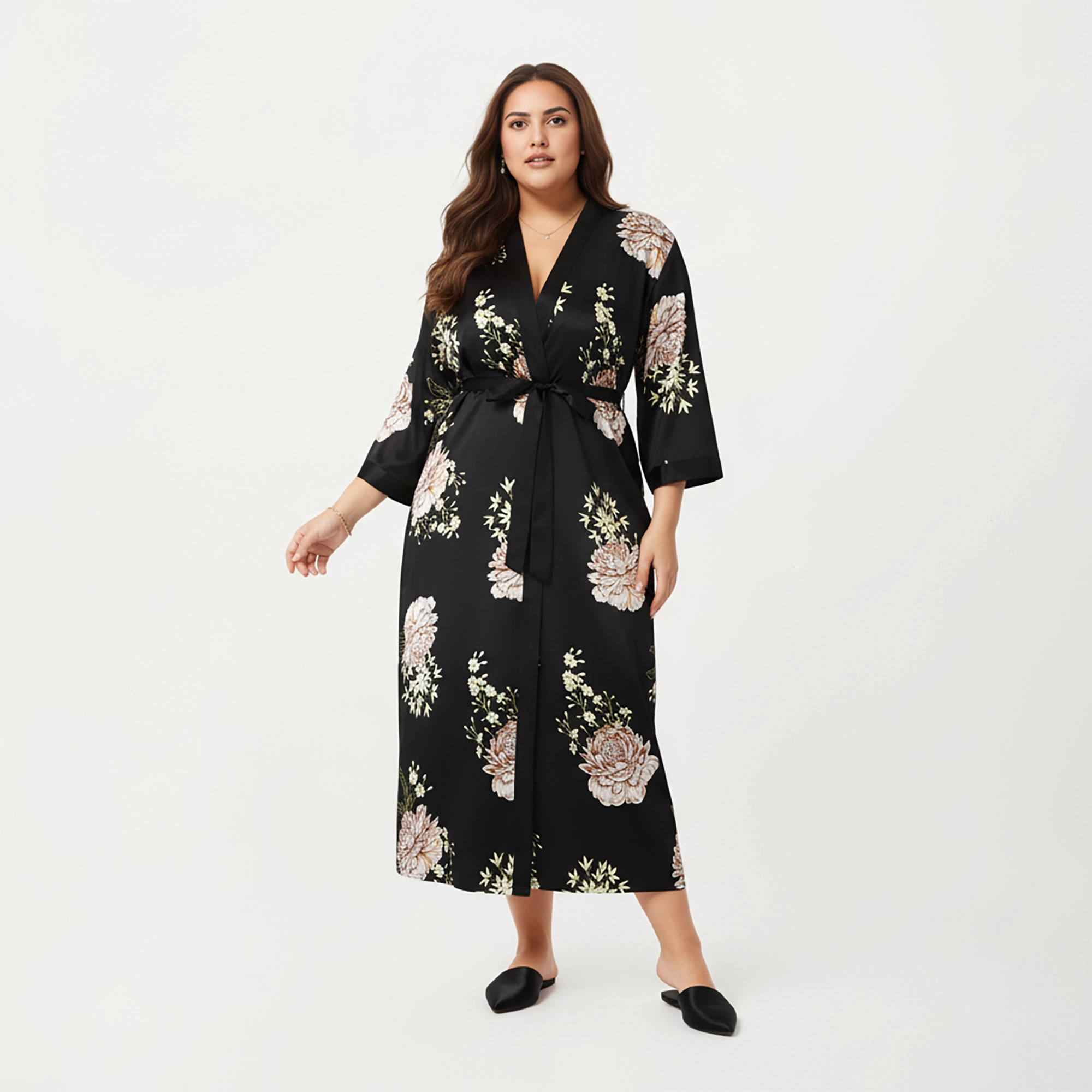 Anna-Kaci Women's Plus Floral Satin Long Robe with Contrast Trim Wrap Front Silhouette and Waist Tie Belt