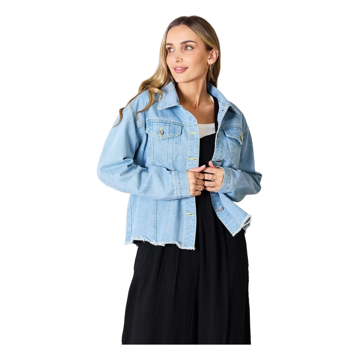 Sol Living Womens Double Take Dropped Shoulder Raw Hem Denim Jacket