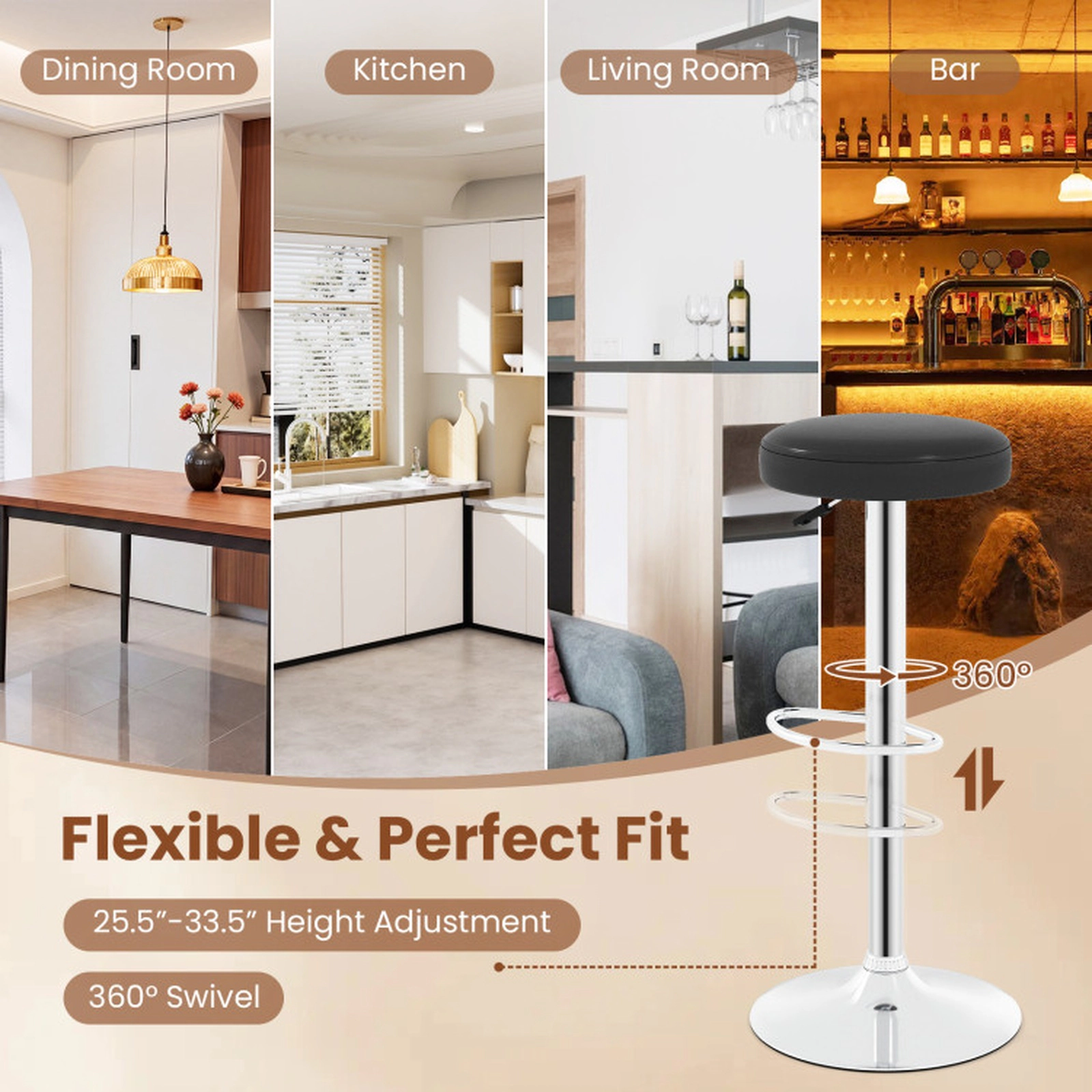 SUGIFT Black Adjustable-Height Backless Swivel Bar Stool with PU Leather Seat and Footrest