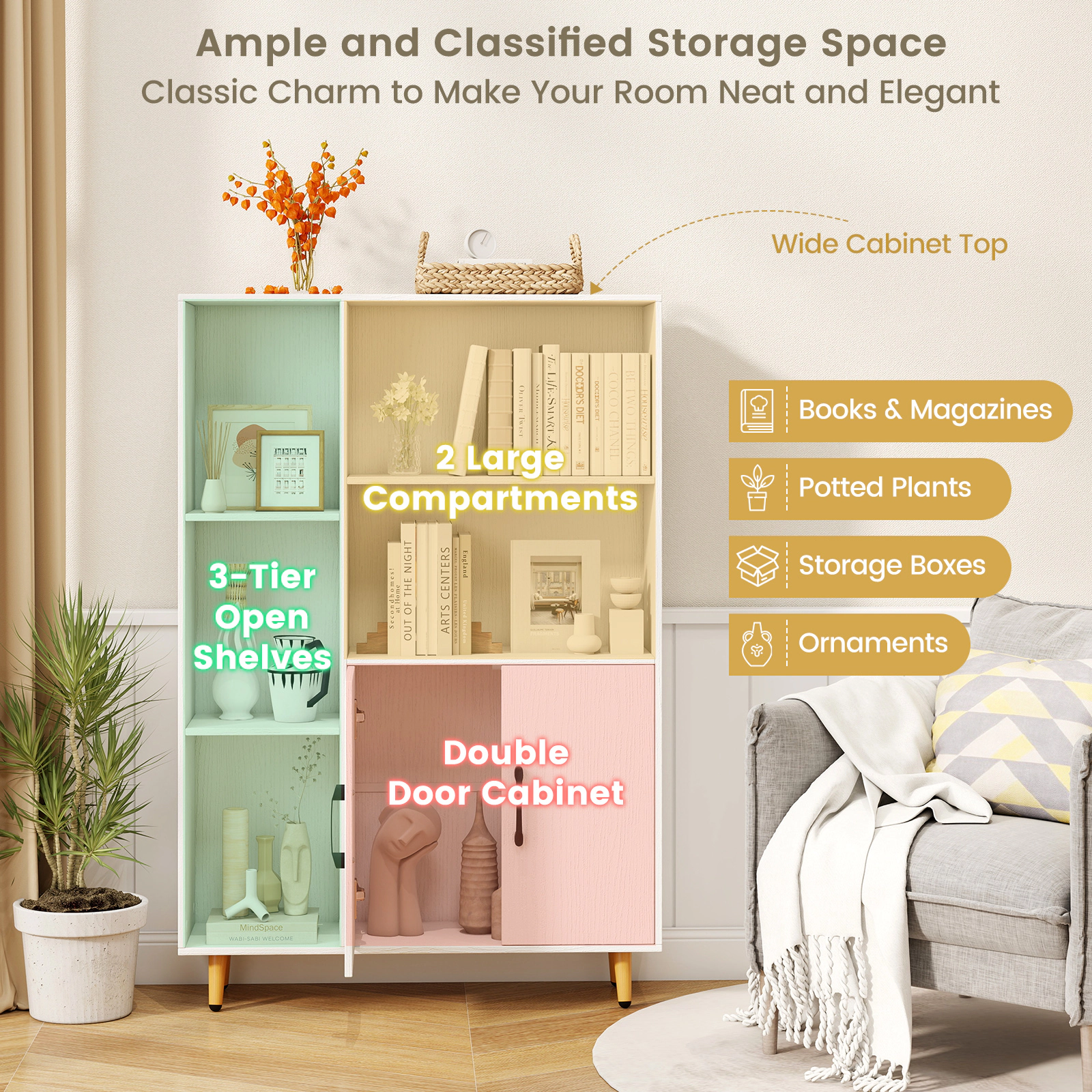 SUGIFT White 47-in Freestanding Bookshelf Pantry Cabinet with 2 Doors 5 Open Shelves and Metal Legs