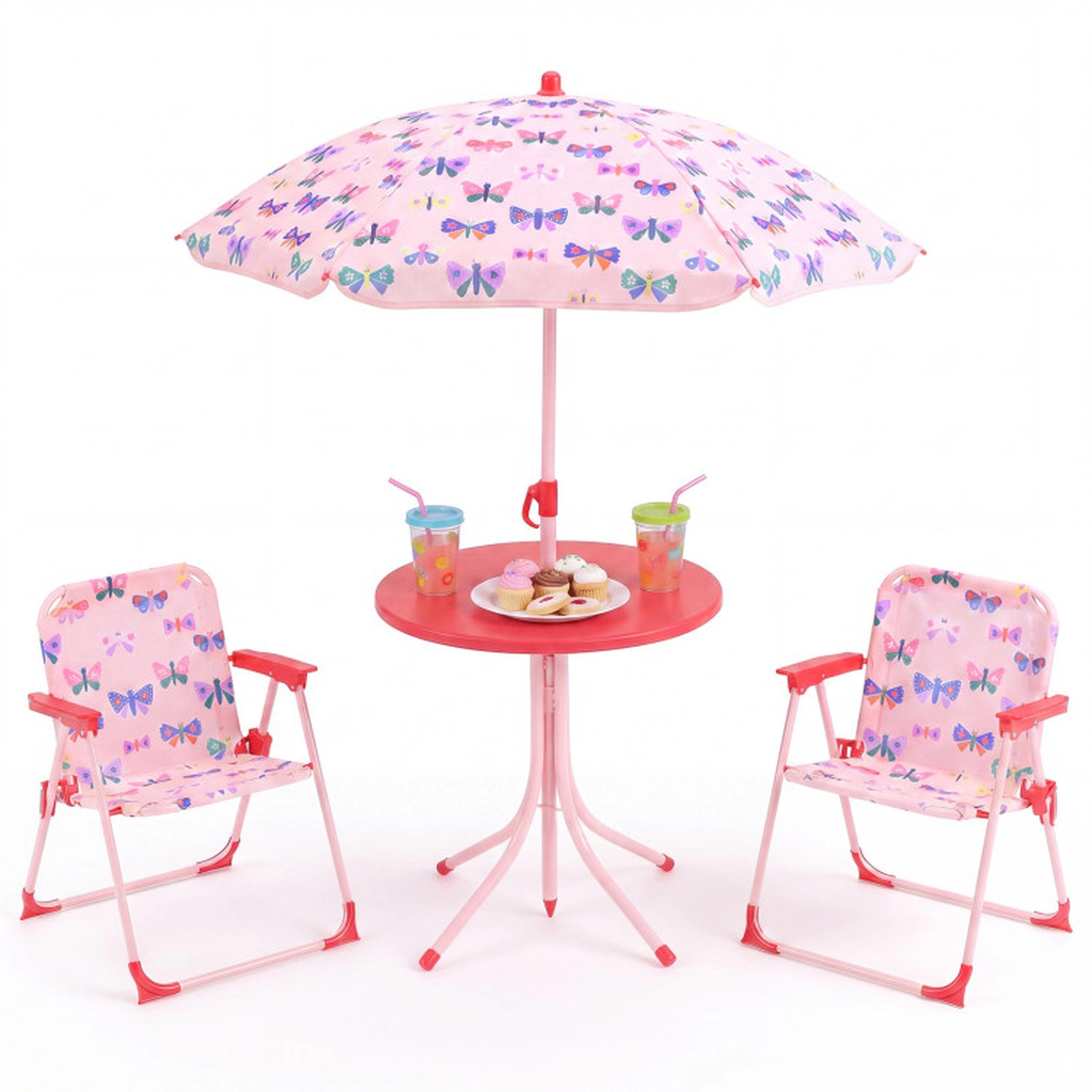SUGIFT Pink 2 Folding Chairs and Adjustable Umbrella Kids Outdoor Table and Chair Set