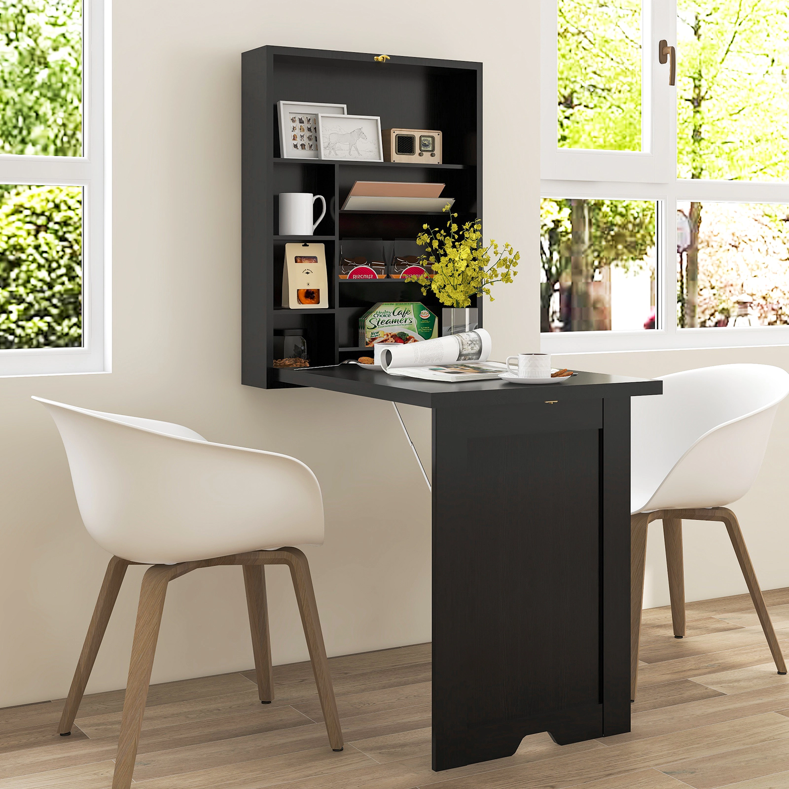Costway Wall Mounted Computer Convertible Desk Floating w/ Storage Bookcases White