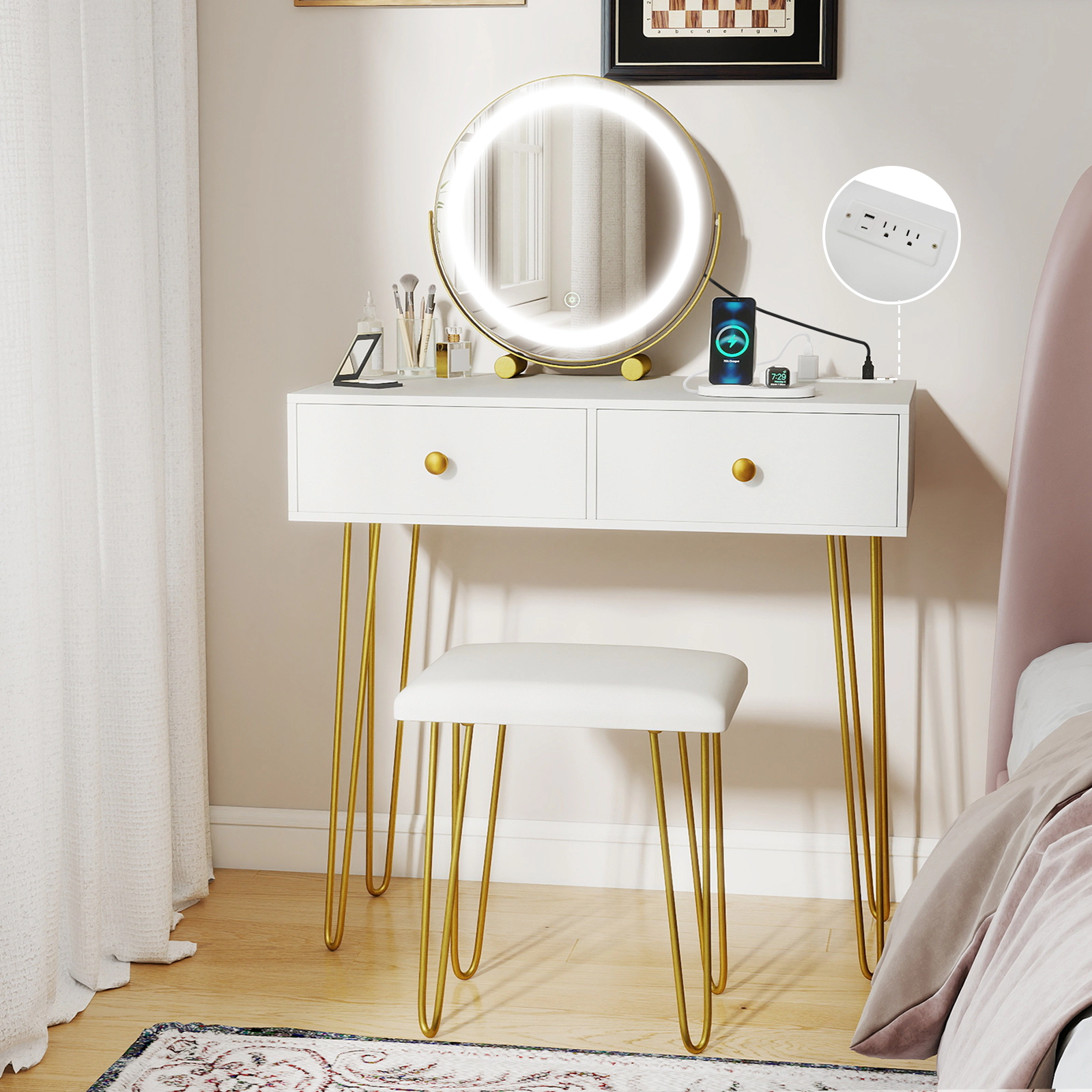 SUGIFT Vanity Desk with 16-in Round Lighted Mirror on 360-Degree Mount Metal Legs and Power Outlets