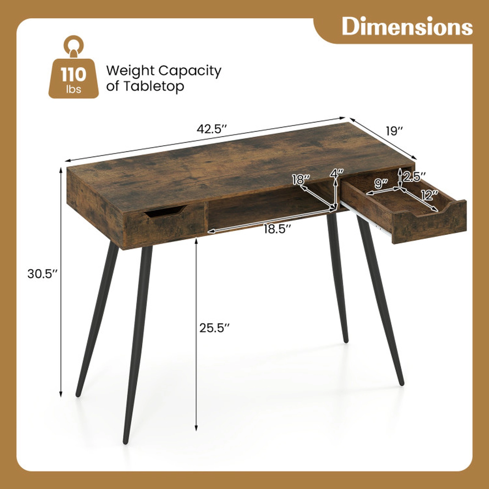 SUGIFT 42.5-Inch Rustic Brown Mid-Century Modern Writing Desk with 2 Drawers