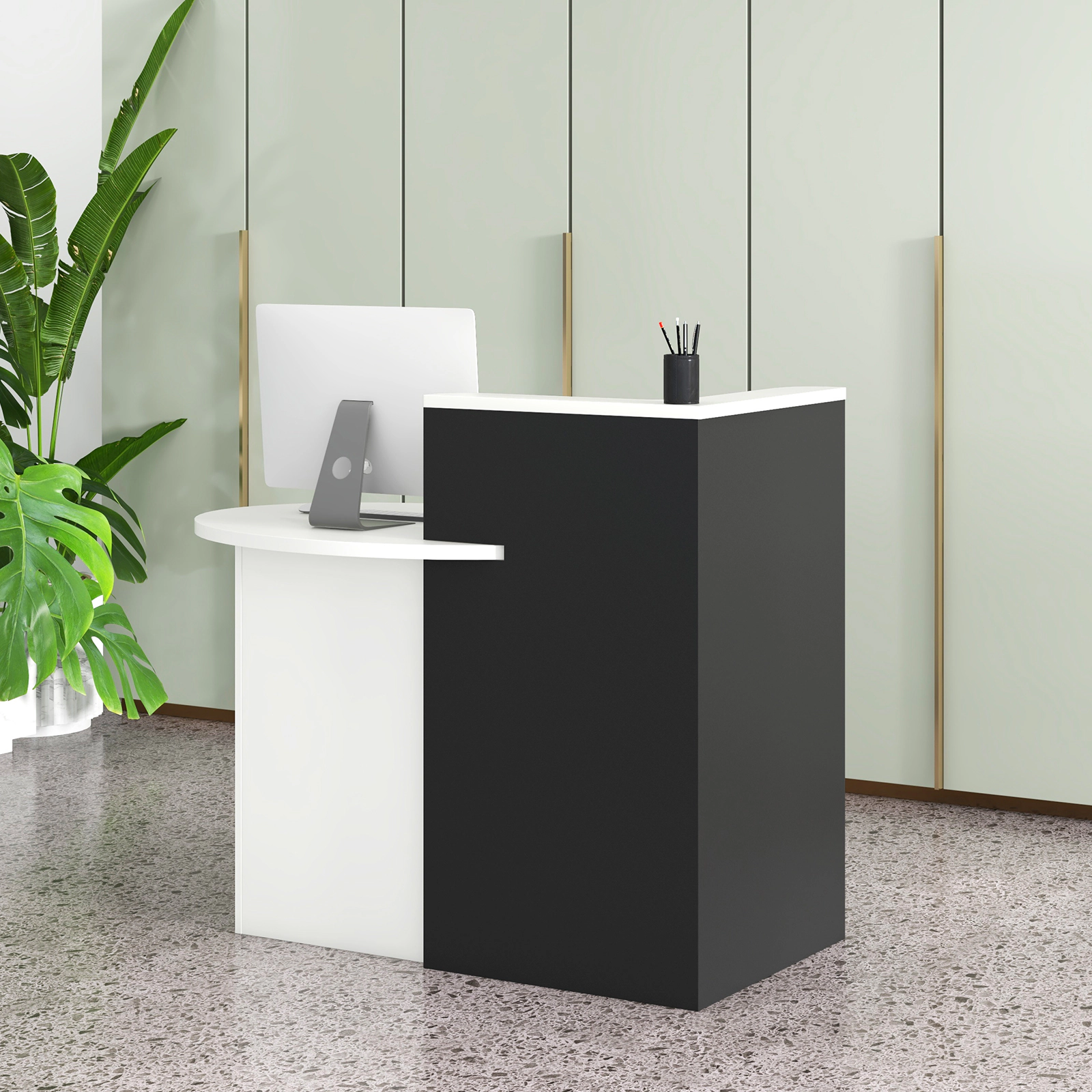 SUGIFT 48 in Reception Desk Black with Raised Counter Open Shelf and Lockable Drawer