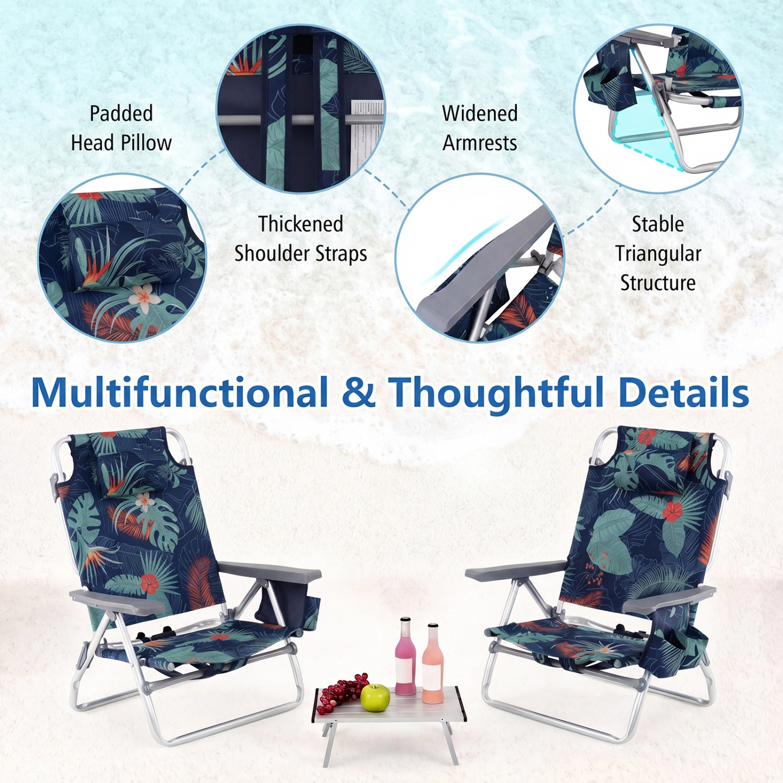 SUGIFT Set of 2 Folding Backpack Beach Chairs with Side Table and 5 Position Backrest
