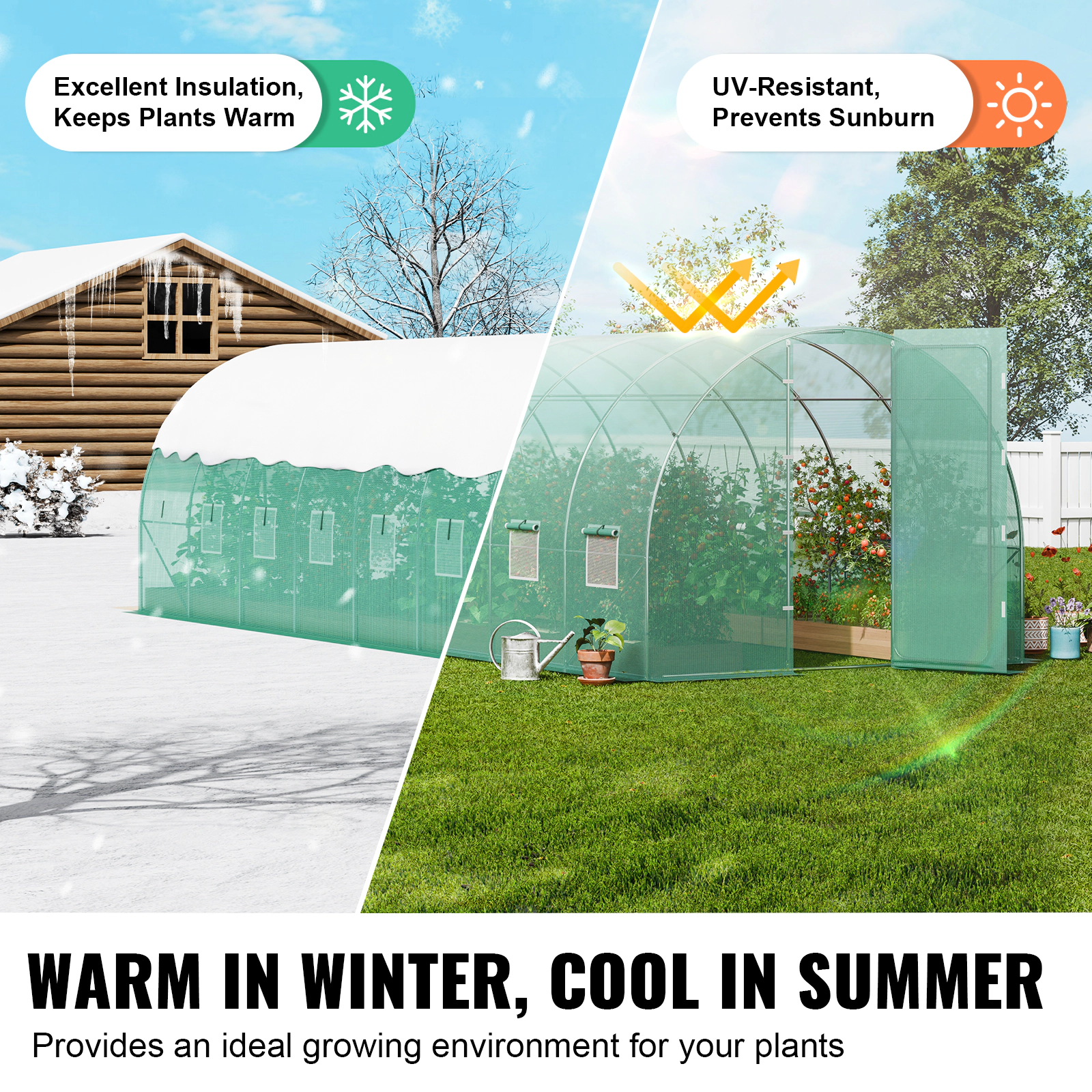 HONGGE Walk-In Tunnel Greenhouse 27.4 x 9.5 x 7.4 ft, Galvanized Steel Frame, Green PE Cover
