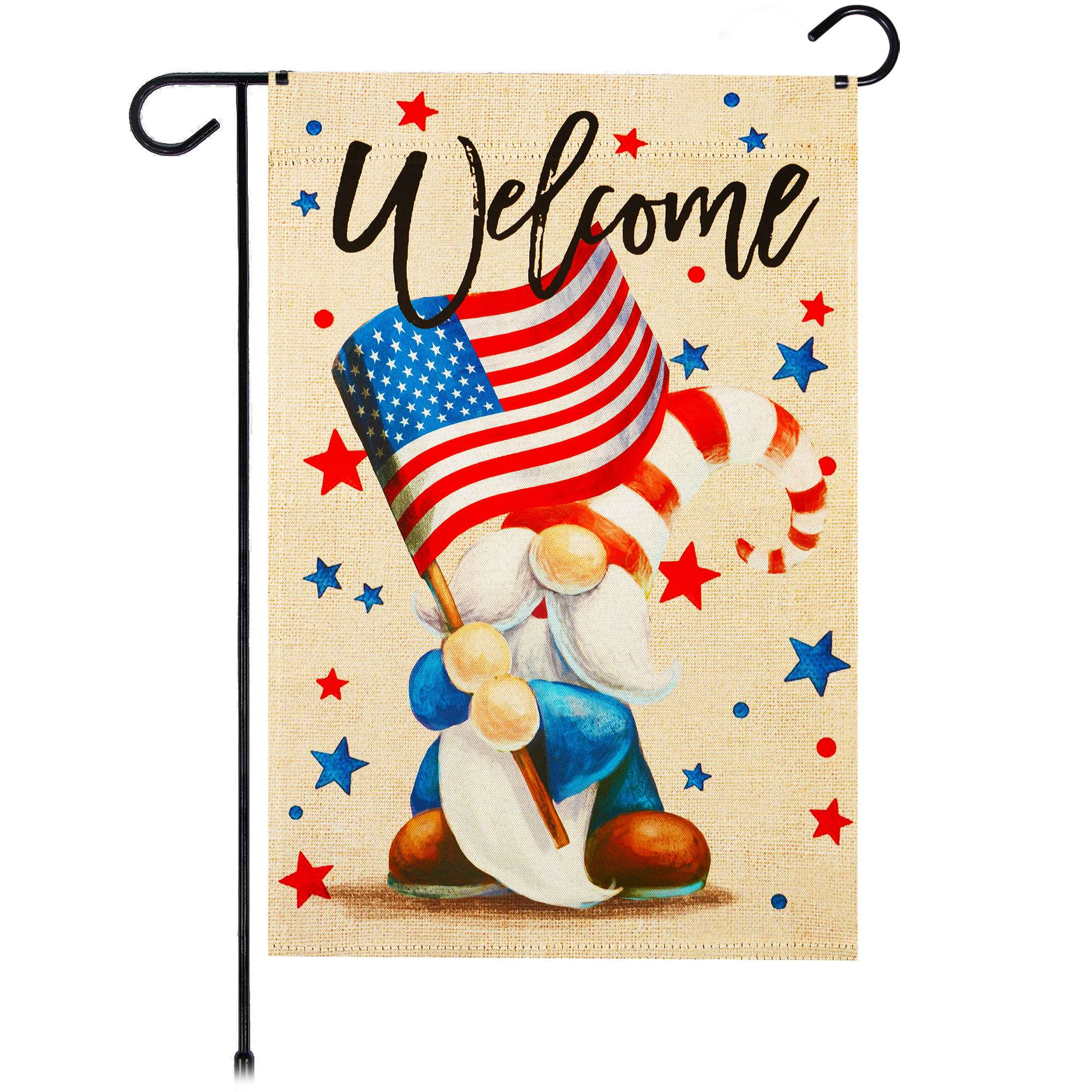 G128 Welcome Patriotic Gnome Garden Flag 12x18 Inch Double-Sided Outdoor Lawn Decoration