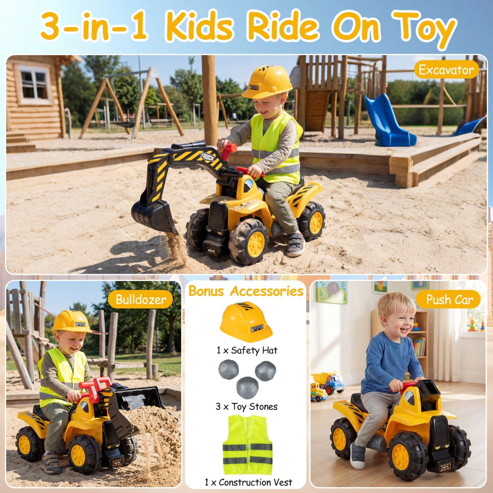 3-in-1 Kids Ride On Excavator Bulldozer Push Car Dual Levers Engine Sound Safety Hat 35-in Digger Ages 2+ 55-lb Load