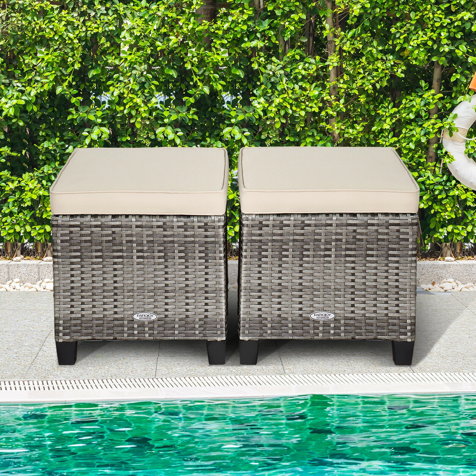 SUGIFT 2-Piece Beige PE Rattan Outdoor Patio Ottoman Set with Removable Cushions