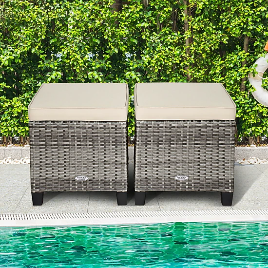 SUGIFT 2-Piece Beige PE Rattan Outdoor Patio Ottoman Set with Removable Cushions