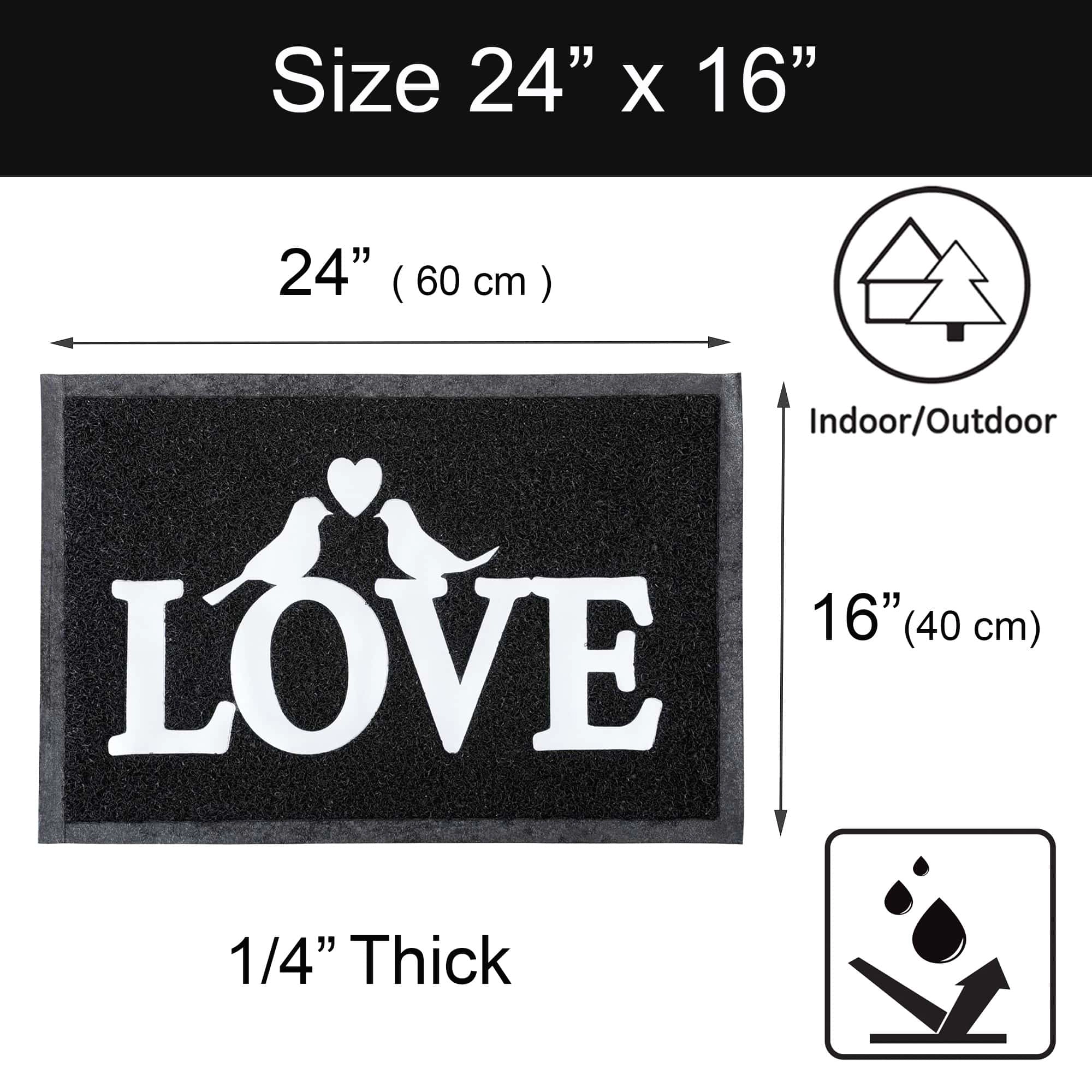 Evideco French Home Goods Black Love PVC Doormat 24 x 16 Inches