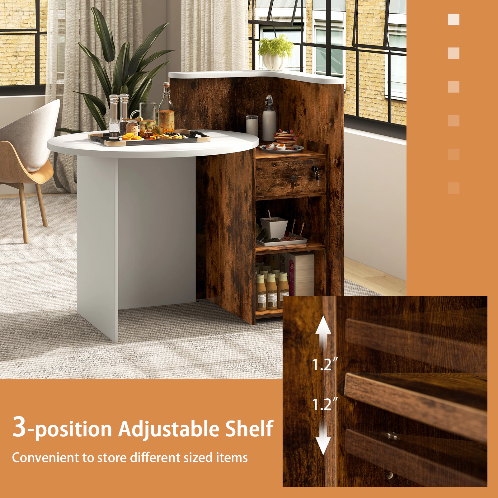 SUGIFT 110-lb Capacity 48-in Front Desk with Oval Counter Top Lockable Drawer and L-Shaped Corner Shelf