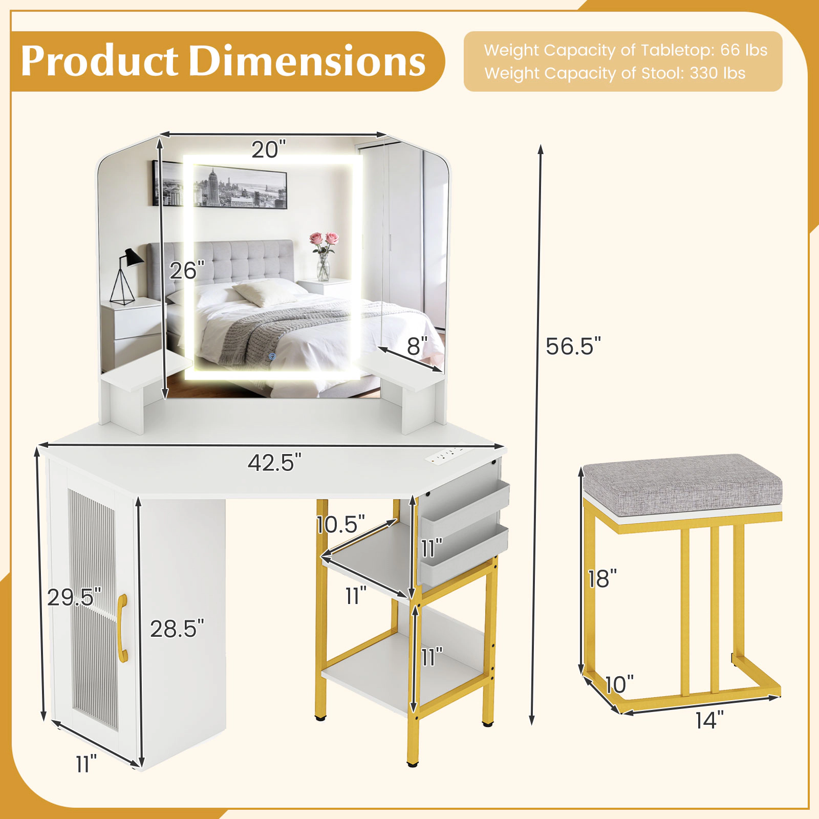 SUGIFT White Triple Lighted Mirror Charging Station and Cushioned Stool Corner Vanity Desk