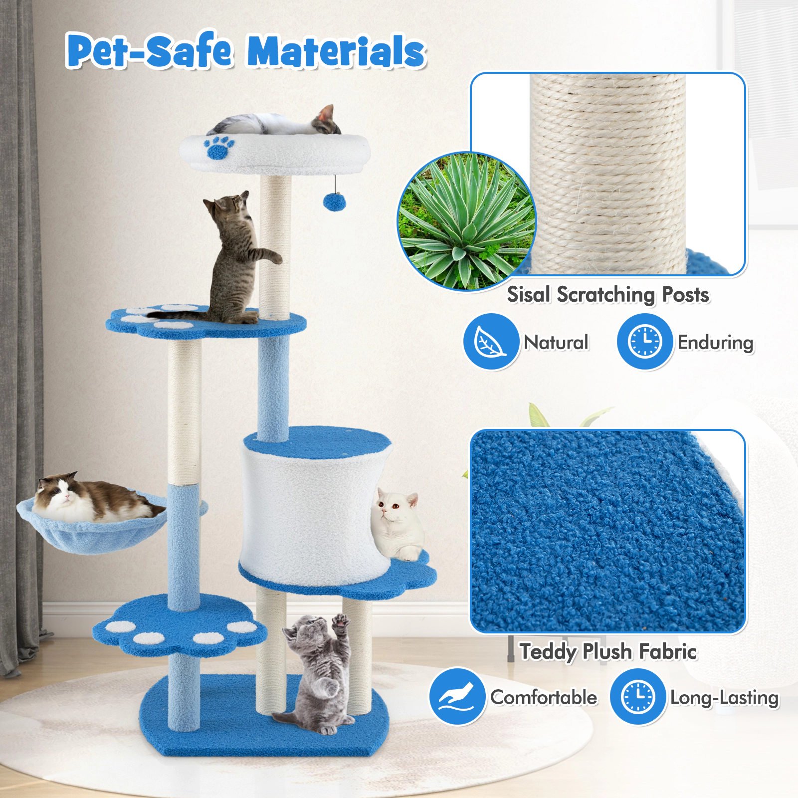 SUGIFT 54-in Tall Modern Cat Tree Tower with Condo, Hammock & Top Perch 22-lb Capacity White & Blue Teddy Plush Fabric