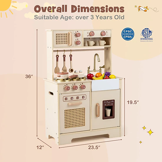 SUGIFT 23.5-in Yellow Wooden Kids Kitchen Playset with Ice Machine Coffee Maker and Rattan Accents 19.5-in Counter