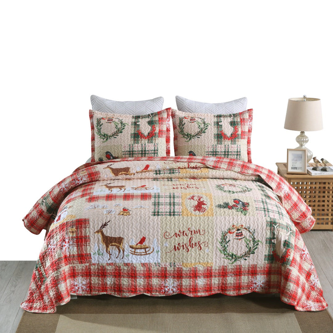 MarCielo 3 Piece Christmas Quilt Set Lightweight Holiday Plaid Patchwork Bedspread Set