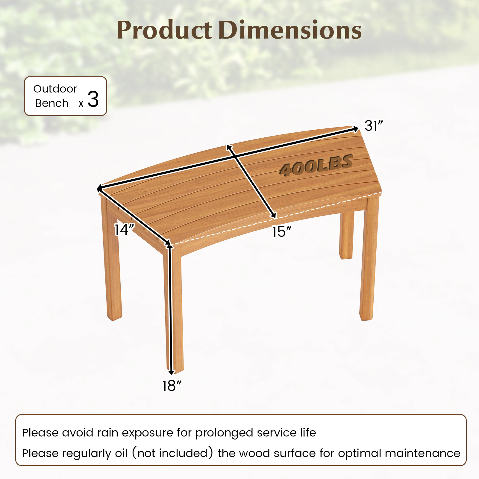SUGIFT 3-Piece Curved Acacia Wood Fire Pit Bench Set, Backless, Natural Finish, 400-Lb Capacity