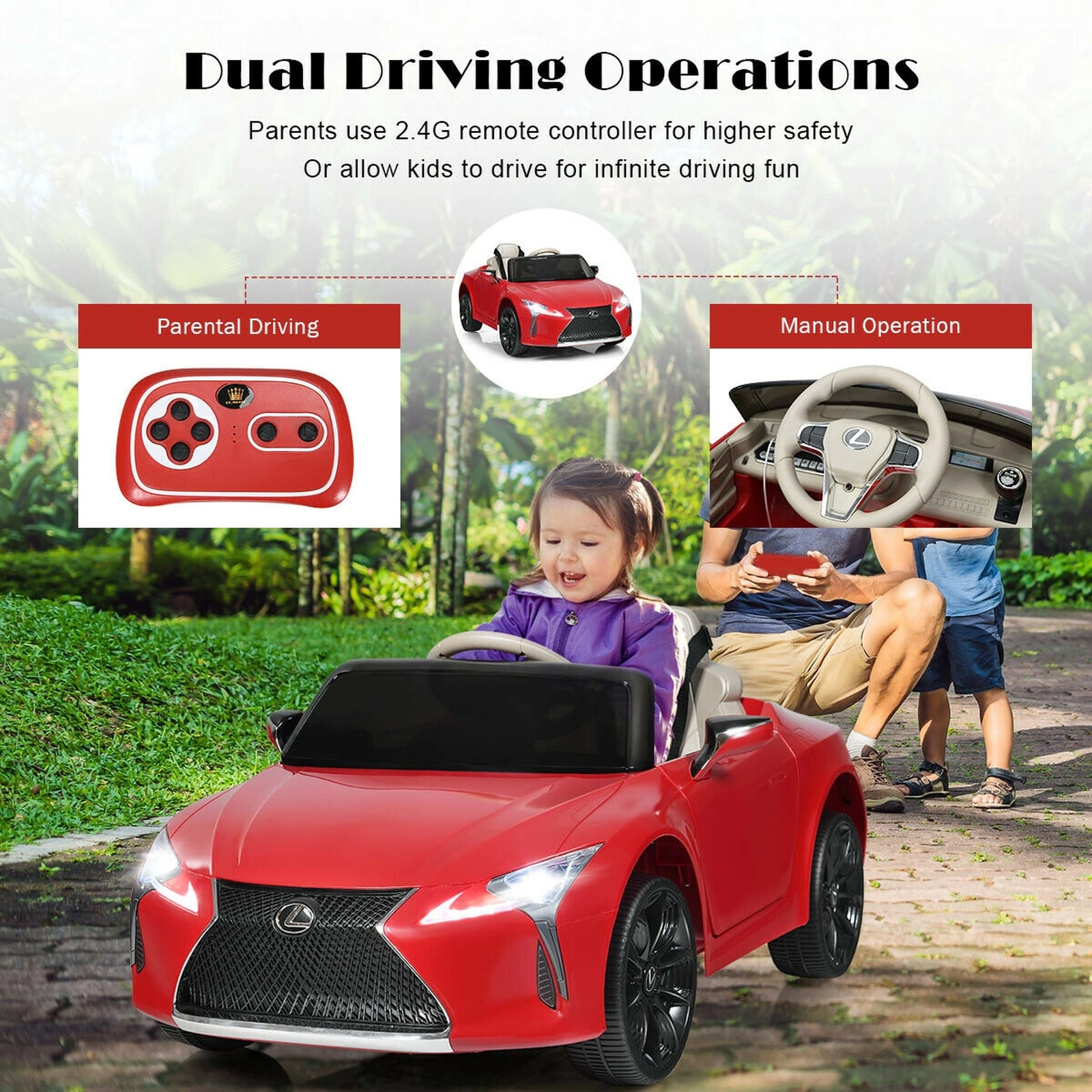12V Kids Ride On Sports Car Parent Remote Openable Doors LED Lights Battery Powered Electric Car Seat Belt Ages 3+ Red