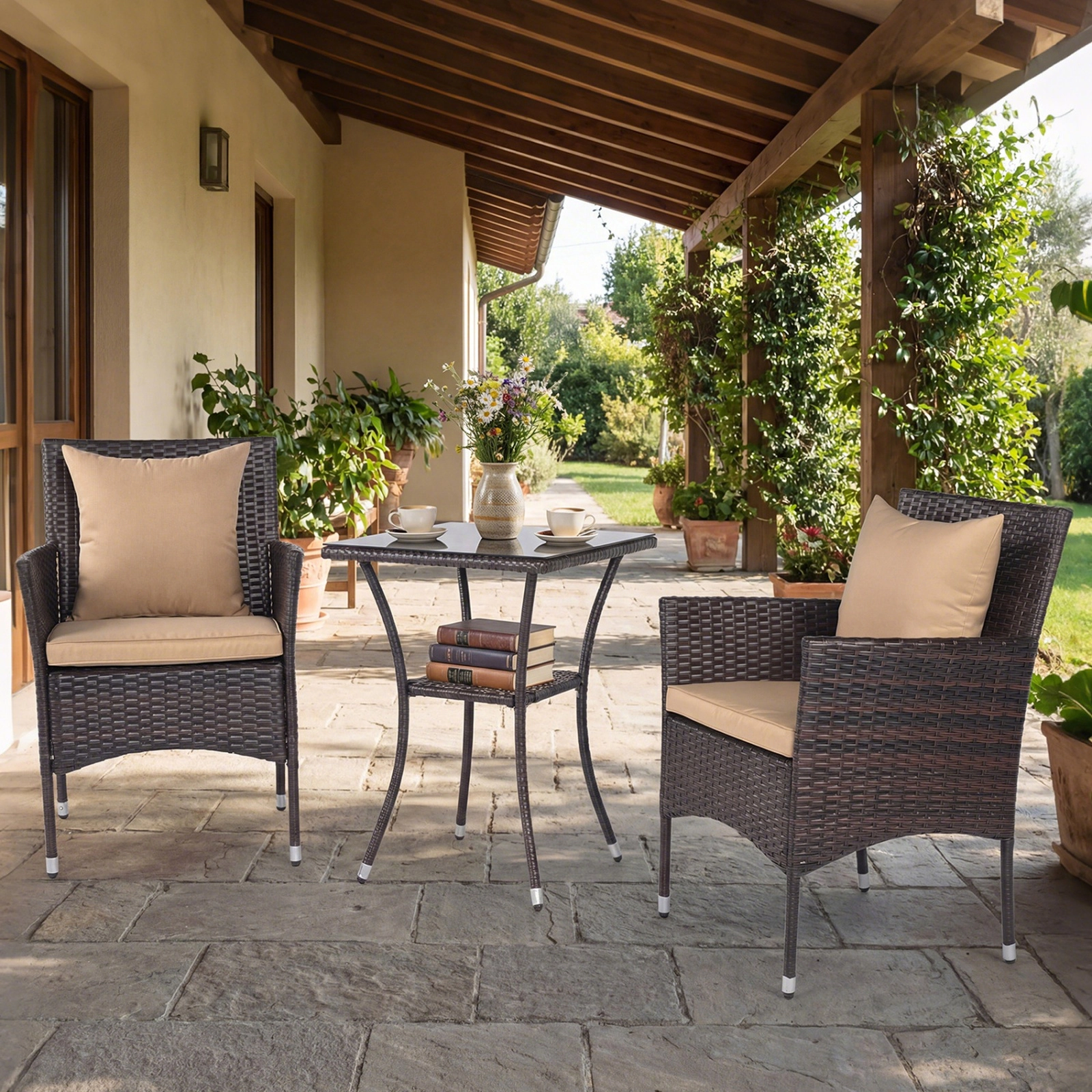 SUGIFT 3-Piece PE Rattan Patio Conversation Set with Cushioned Chairs & Tempered Glass Table 400-lb Chair Capacity Brown