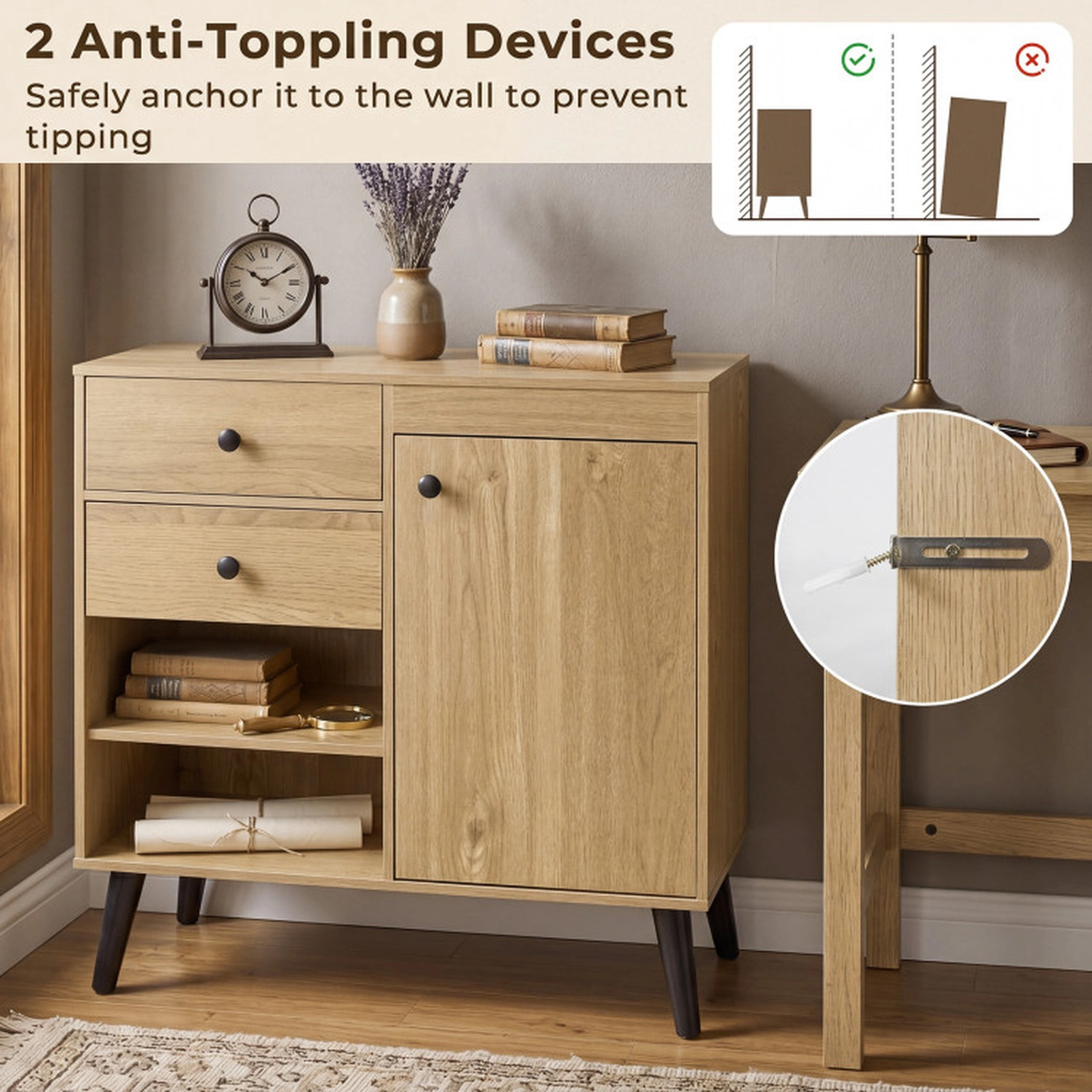 SUGIFT Set of 2 31-in 135-lb Capacity Natural Buffet Cabinets with 2 Drawers Open Compartments and Raised Legs