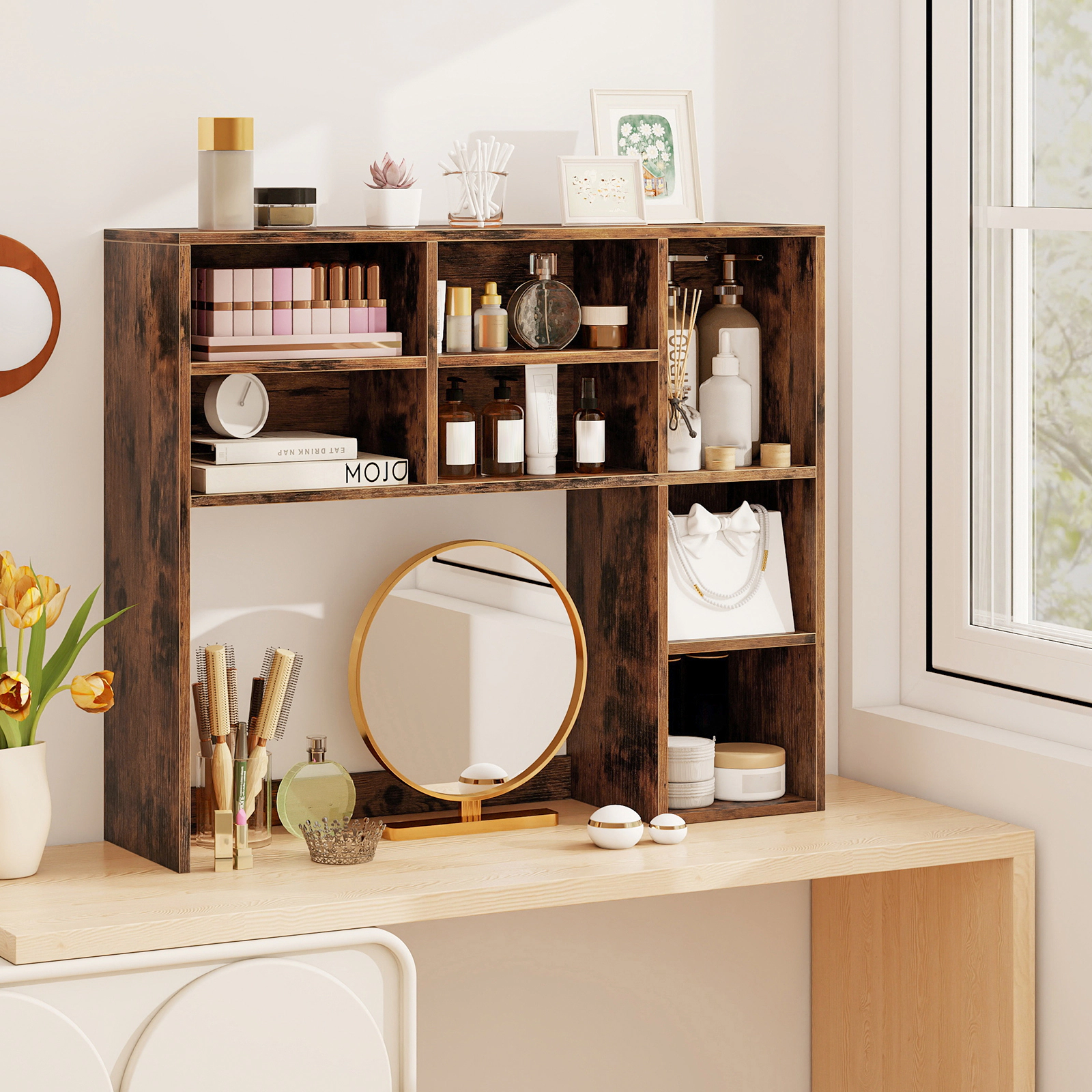 Hivvago Desktop Bookshelf With 7 Open Cubbies And 3 Adjustable Shelves