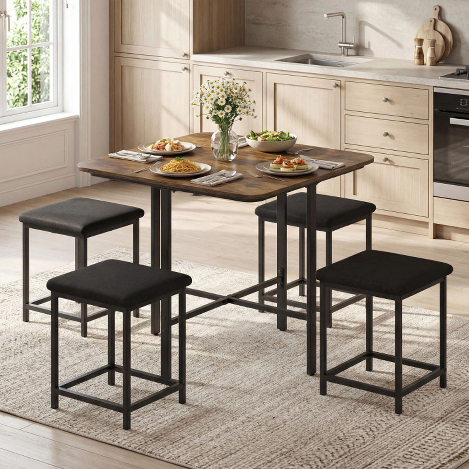 SUGIFT 5-Piece Square Dining Set for 4 with Linen Stools, 35.5-Inch Table