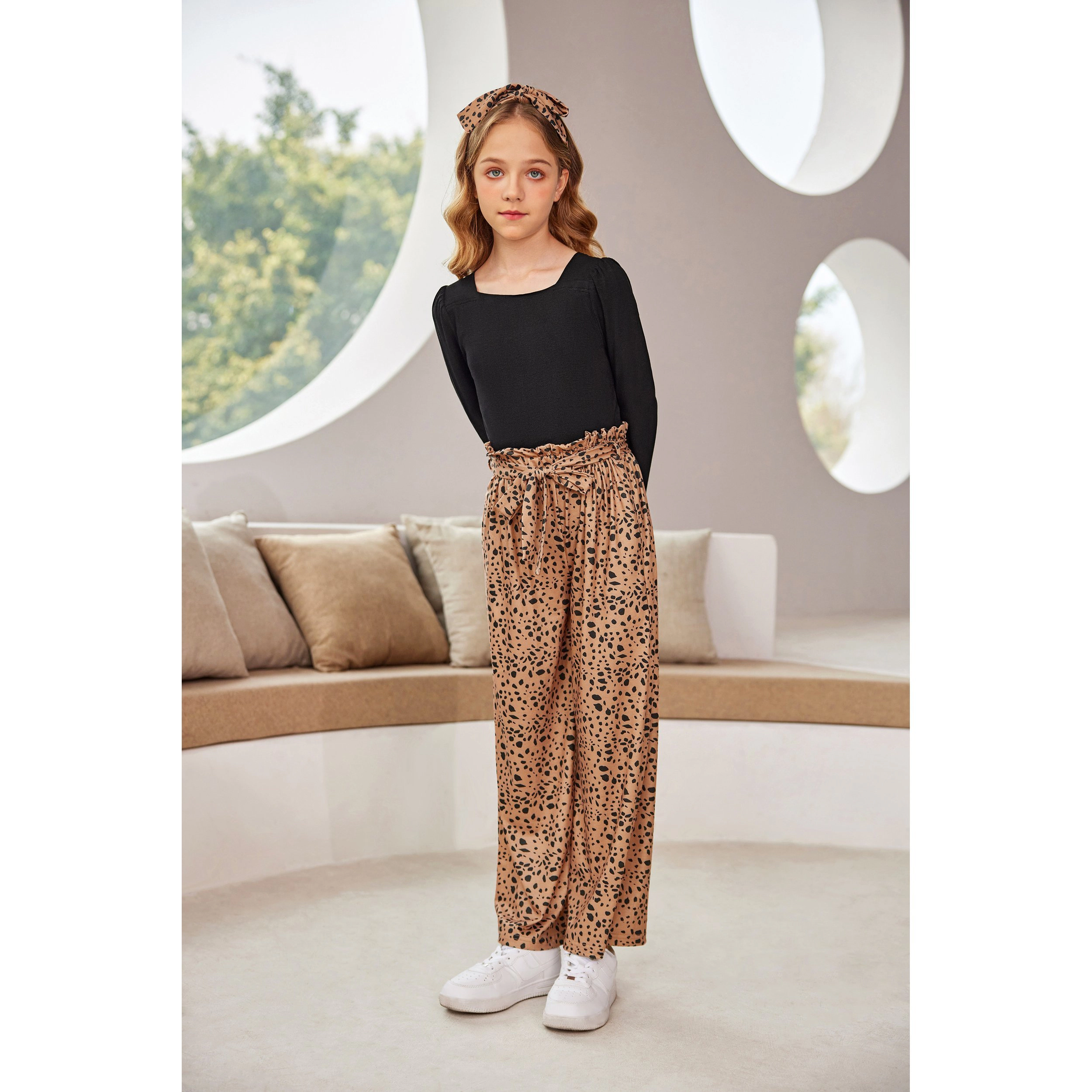 Arshiner Girls 3 Piece Outfit Square Neck Rib Top Striped Wide Leg Pants with Headband