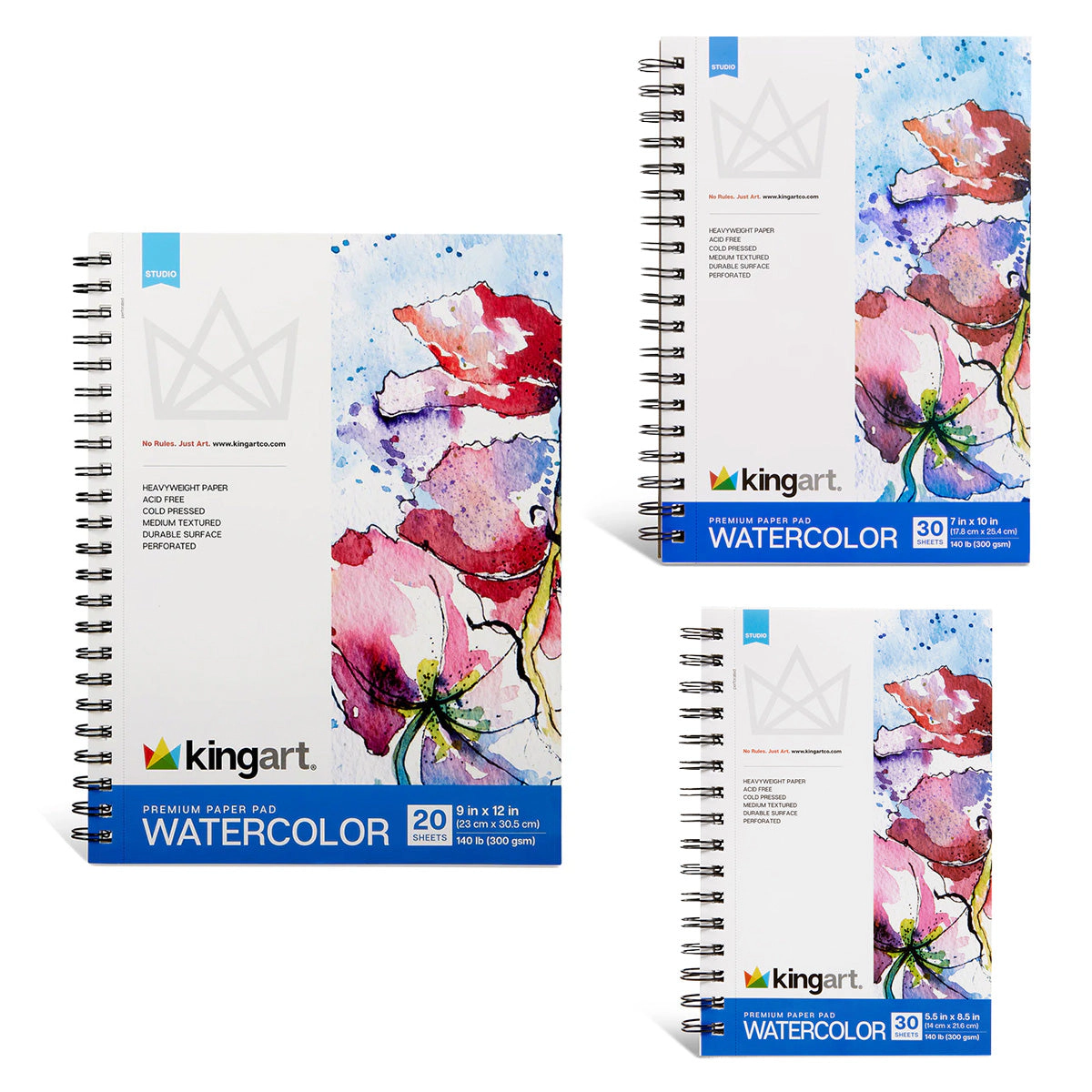 KINGART Watercolor Paper Pad Bundle 3-Pack - Cold Press 140lb (300gsm) - 5.5x8.5, 7x10, 9x12