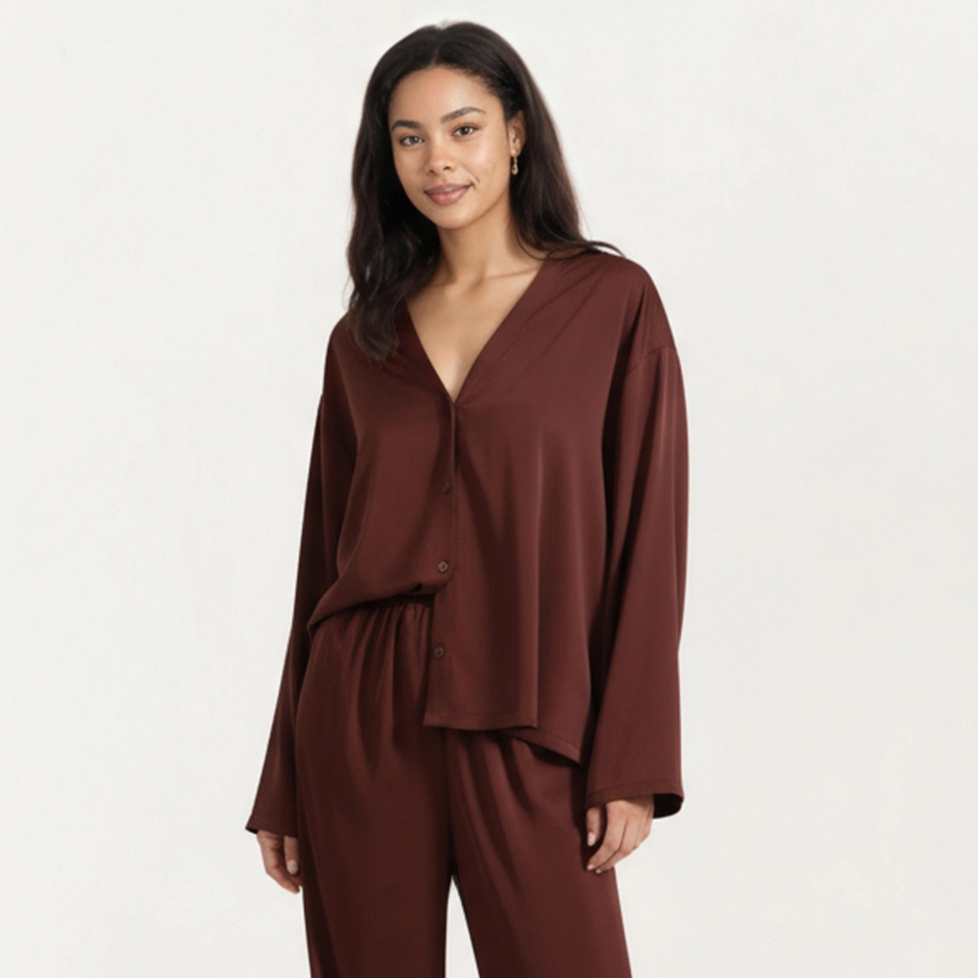Anna-Kaci Women's 2-Piece Satin Long Sleeve V-Neck Button Front Top and Relaxed Fit Pants