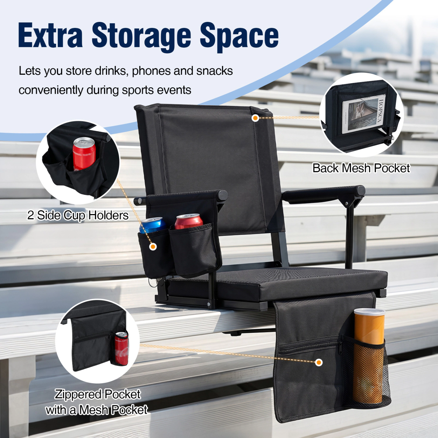 LJG Set of 2 Folding Stadium Seat with Cup Holders and Pockets