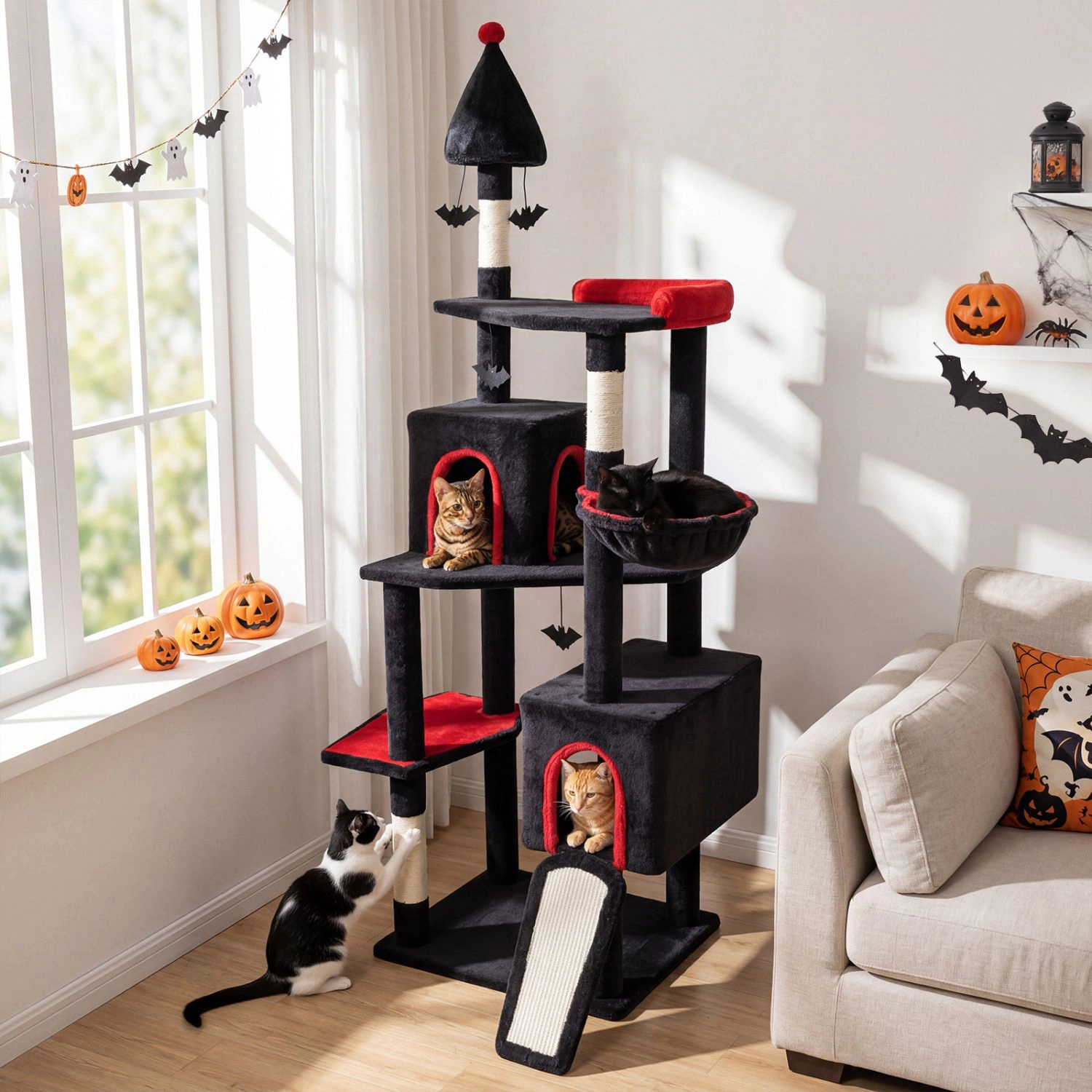 SlickBlue 75" Gothic Cat Tree Tower with 2 Condos & Scratcher