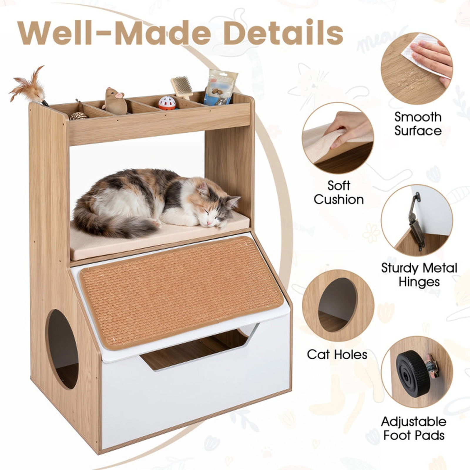 SUGIFT 28 x 39-in 115-lb Capacity Natural 3-in-1 Hidden Cat Litter Box Enclosure House Cabinet with 4 Cubbies