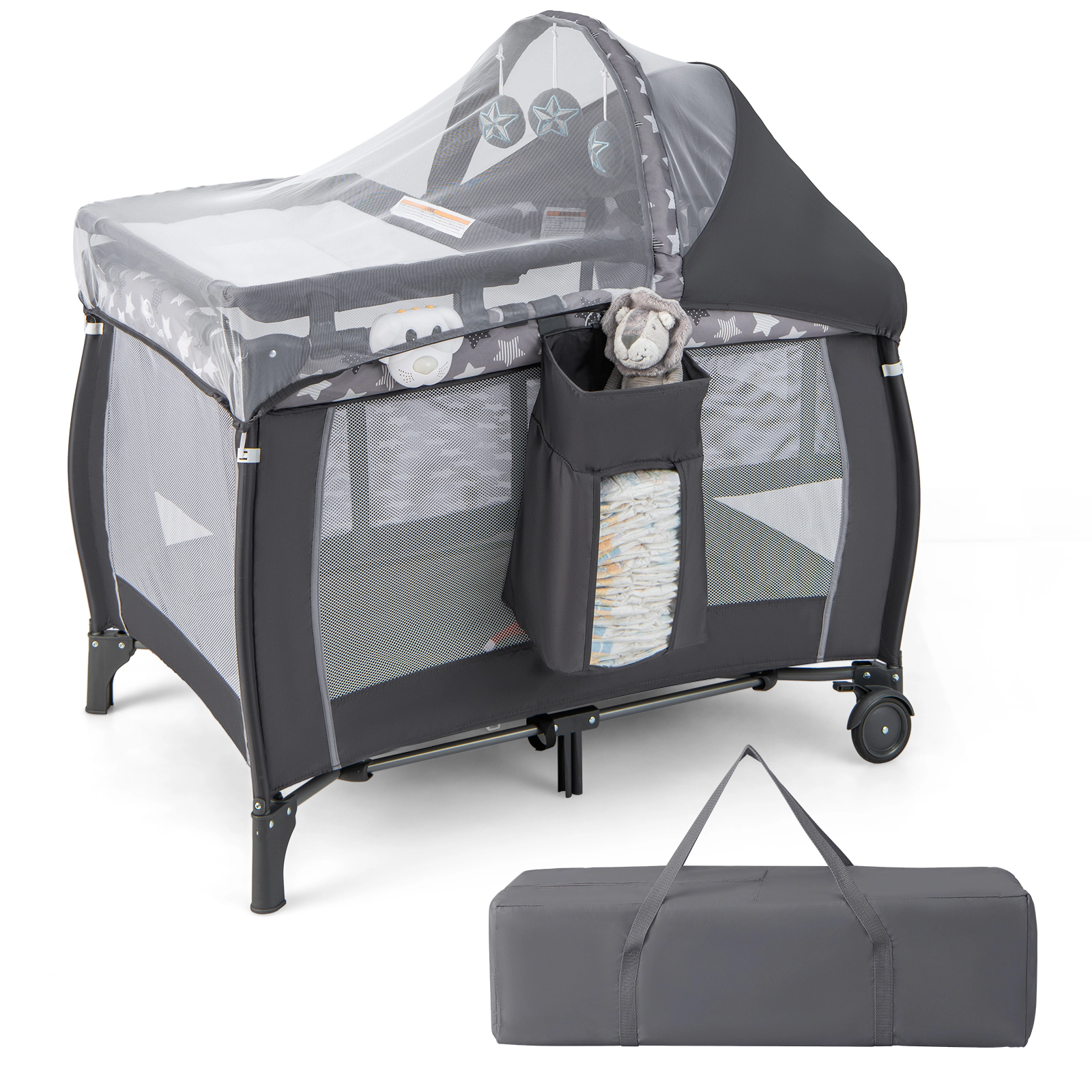 SUGIFT 4-in-1 Portable Baby Nursery Center Travel Crib and Playard 33-lb Capacity Ages 0-3 Years Gray